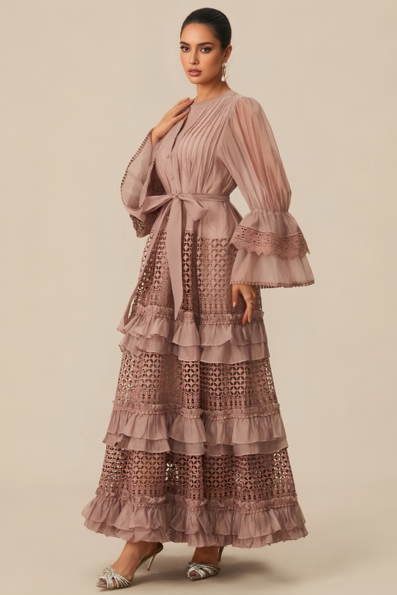 Zachrvy Pink Tiered Ruffle Maxi Dress