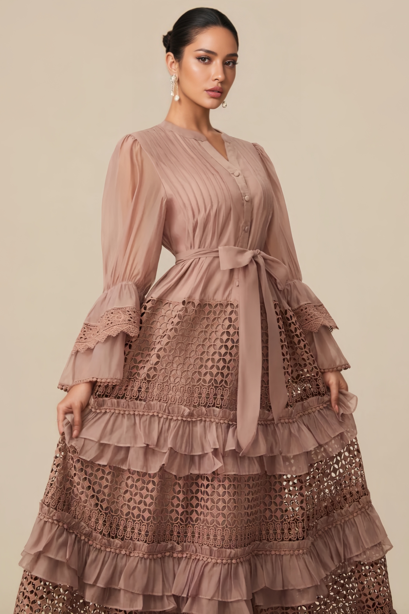 Zachrvy Pink Tiered Ruffle Maxi Dress