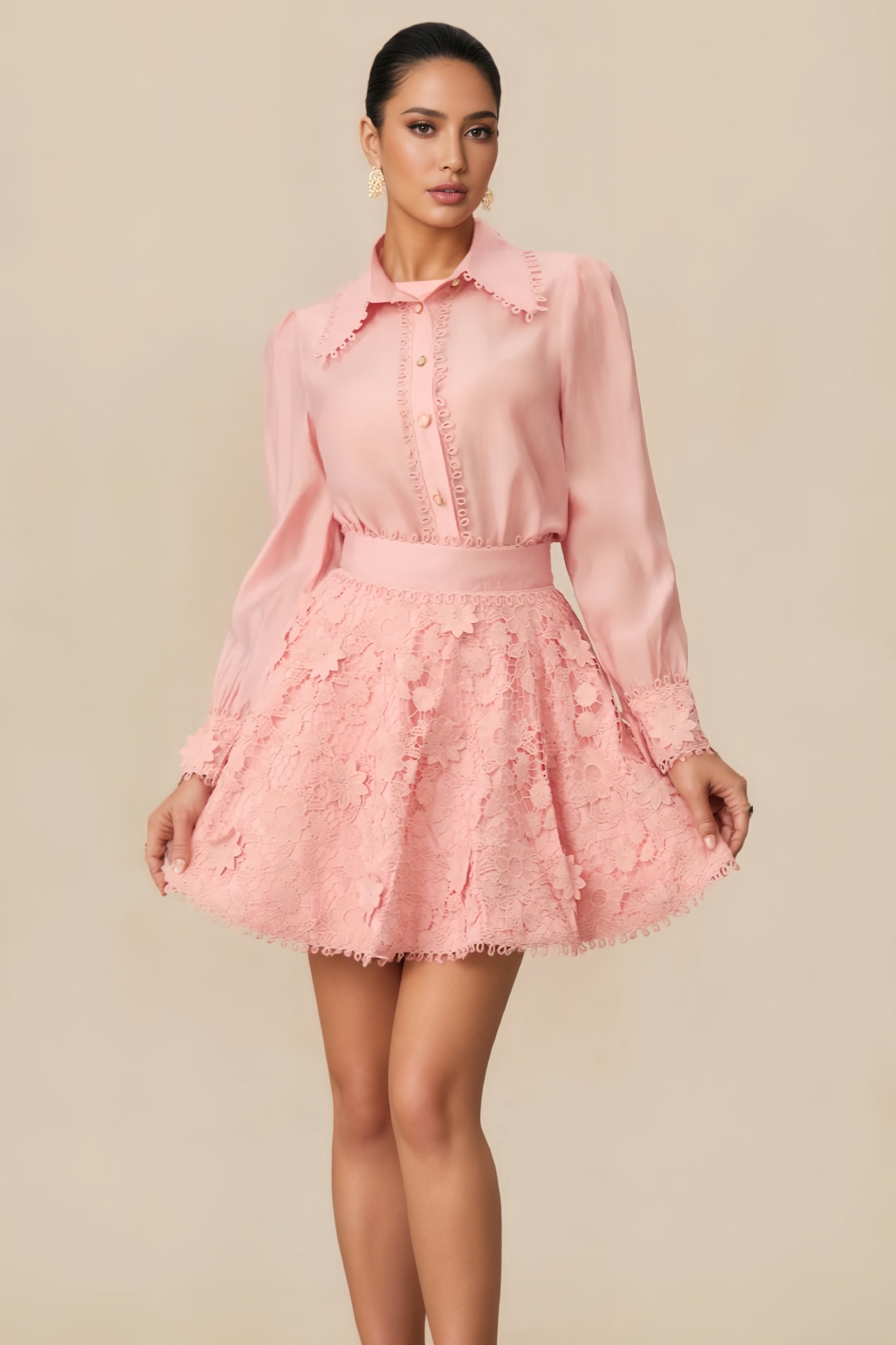 Galenk Pink Floral Lace Mini Dress Set