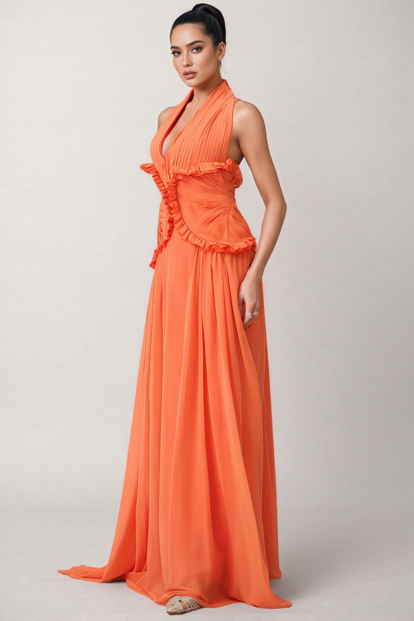 Alexia Halter Neck Ruffle Trim Maxi Dress