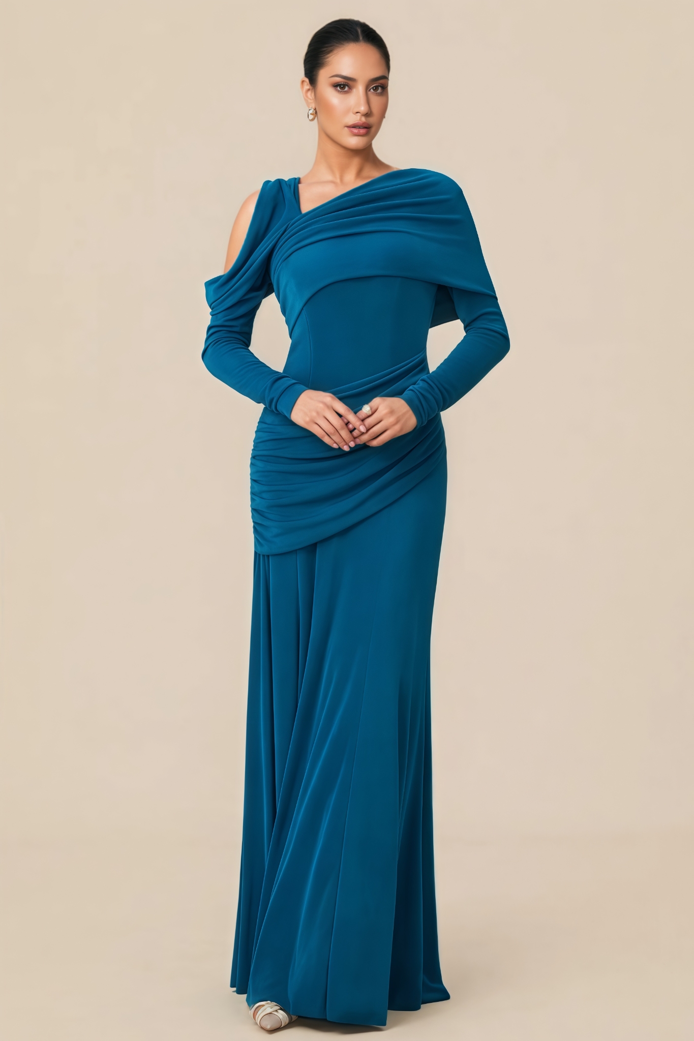 Aurvoa Blue Ruched Long Sleeve Maxi Dress