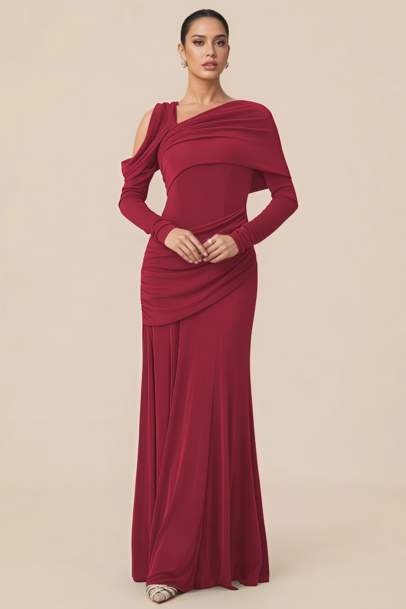 Convor Red Ruched Long Sleeve Maxi Dress