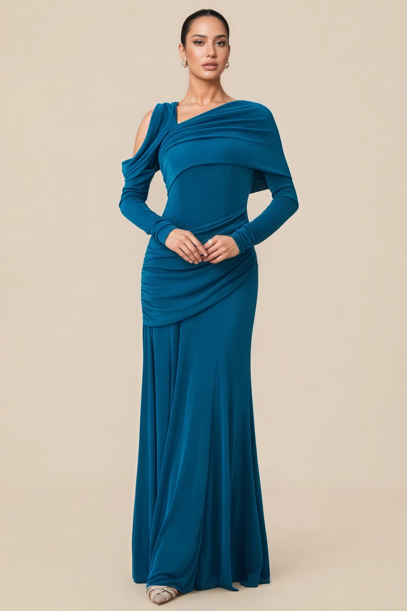 Aurvoa Blue Ruched Long Sleeve Maxi Dress
