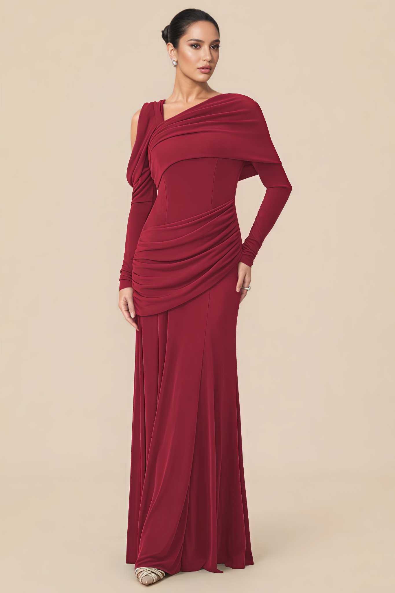 Convor Red Ruched Long Sleeve Maxi Dress