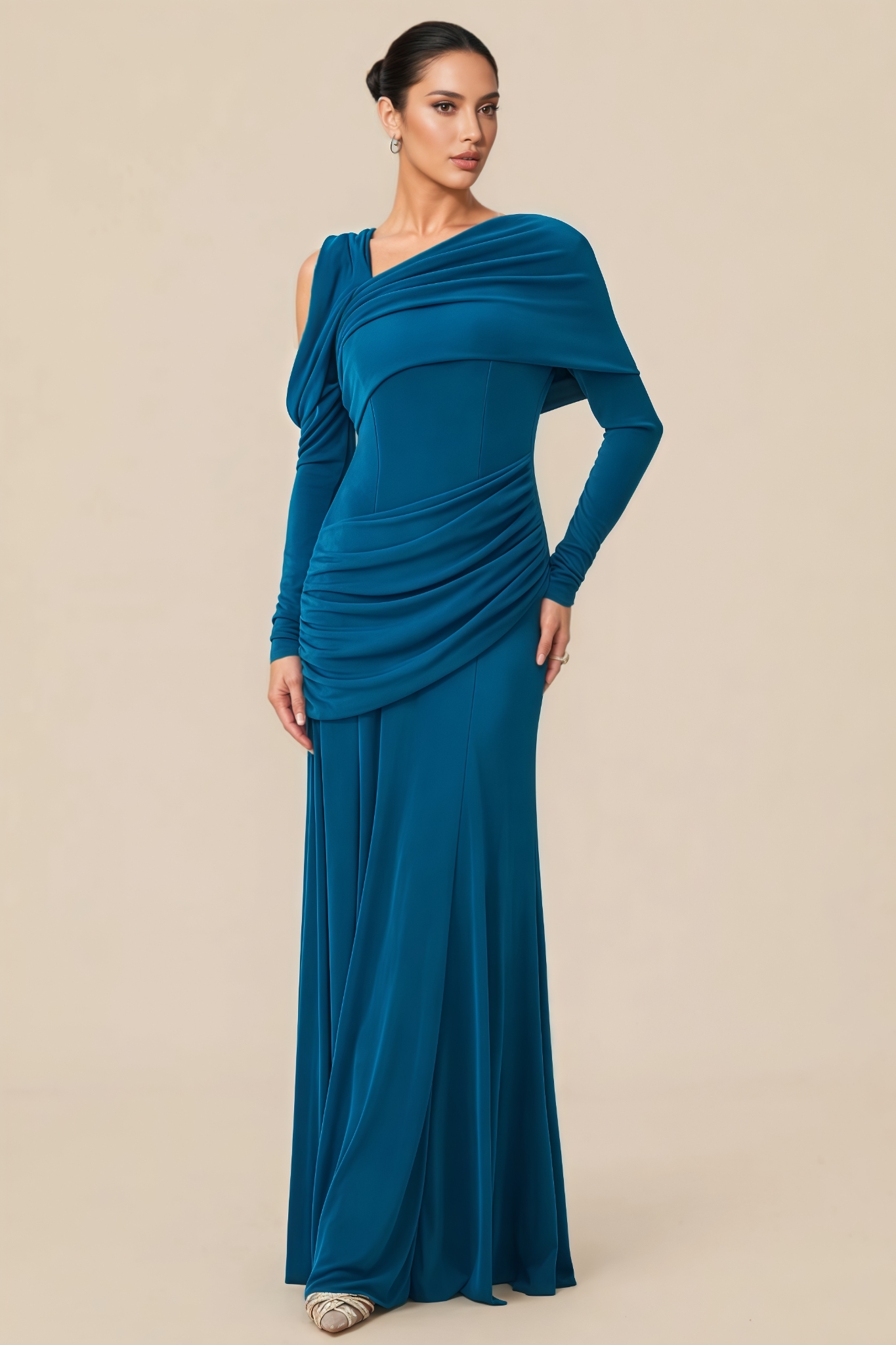 Aurvoa Blue Ruched Long Sleeve Maxi Dress