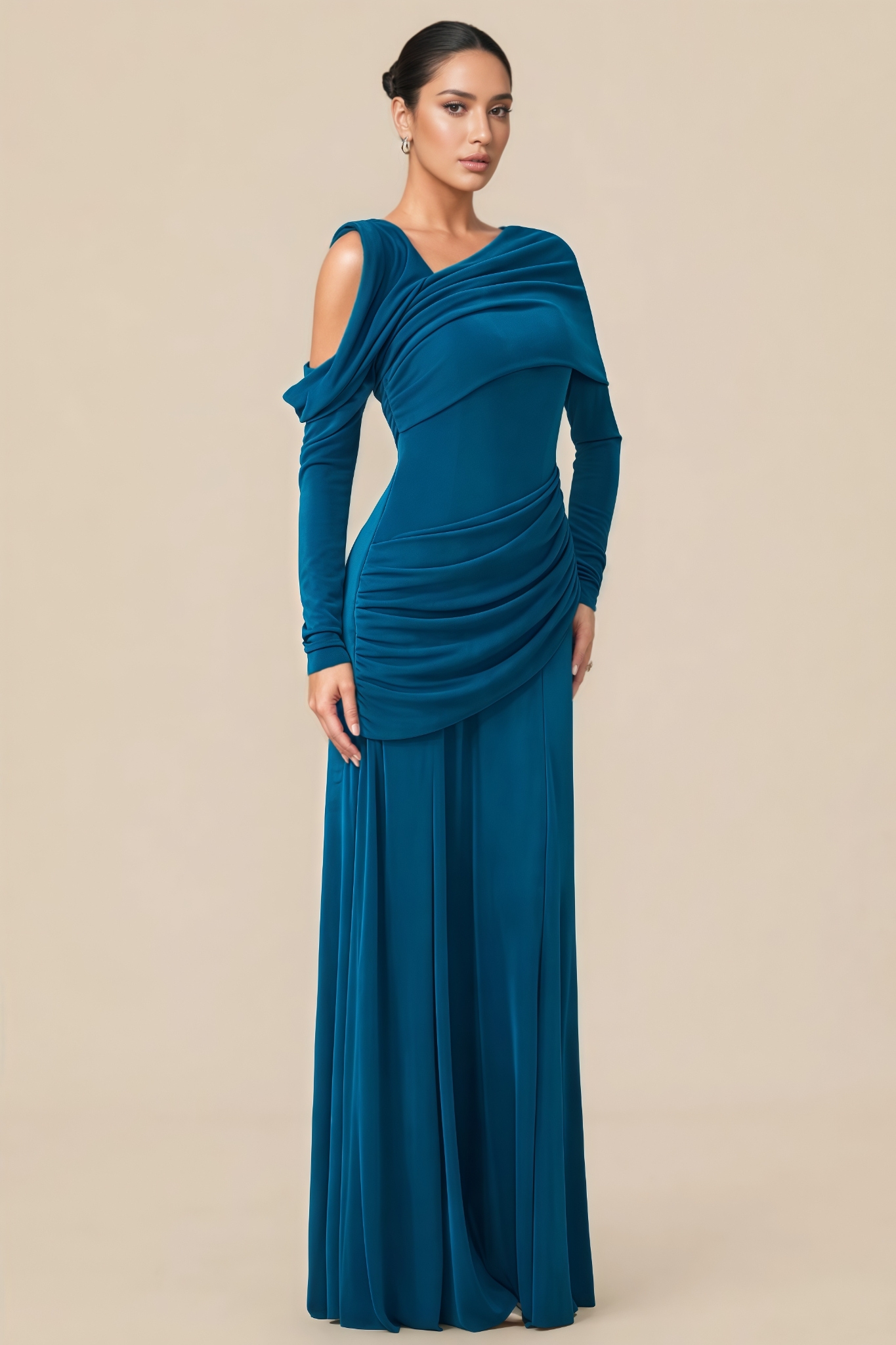 Aurvoa Blue Ruched Long Sleeve Maxi Dress