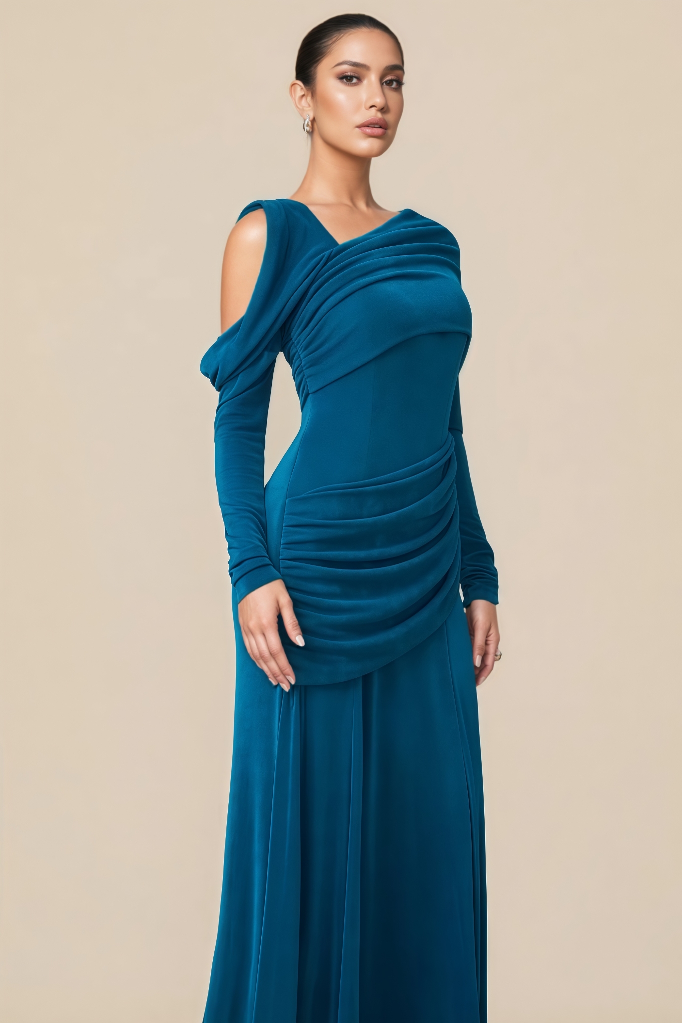 Aurvoa Blue Ruched Long Sleeve Maxi Dress