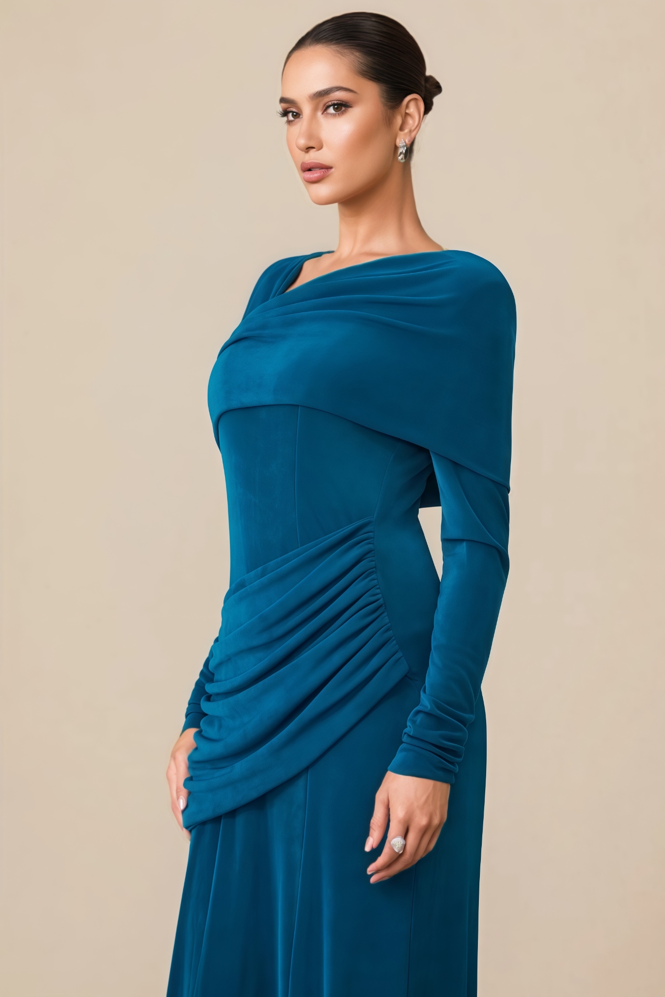 Aurvoa Blue Ruched Long Sleeve Maxi Dress