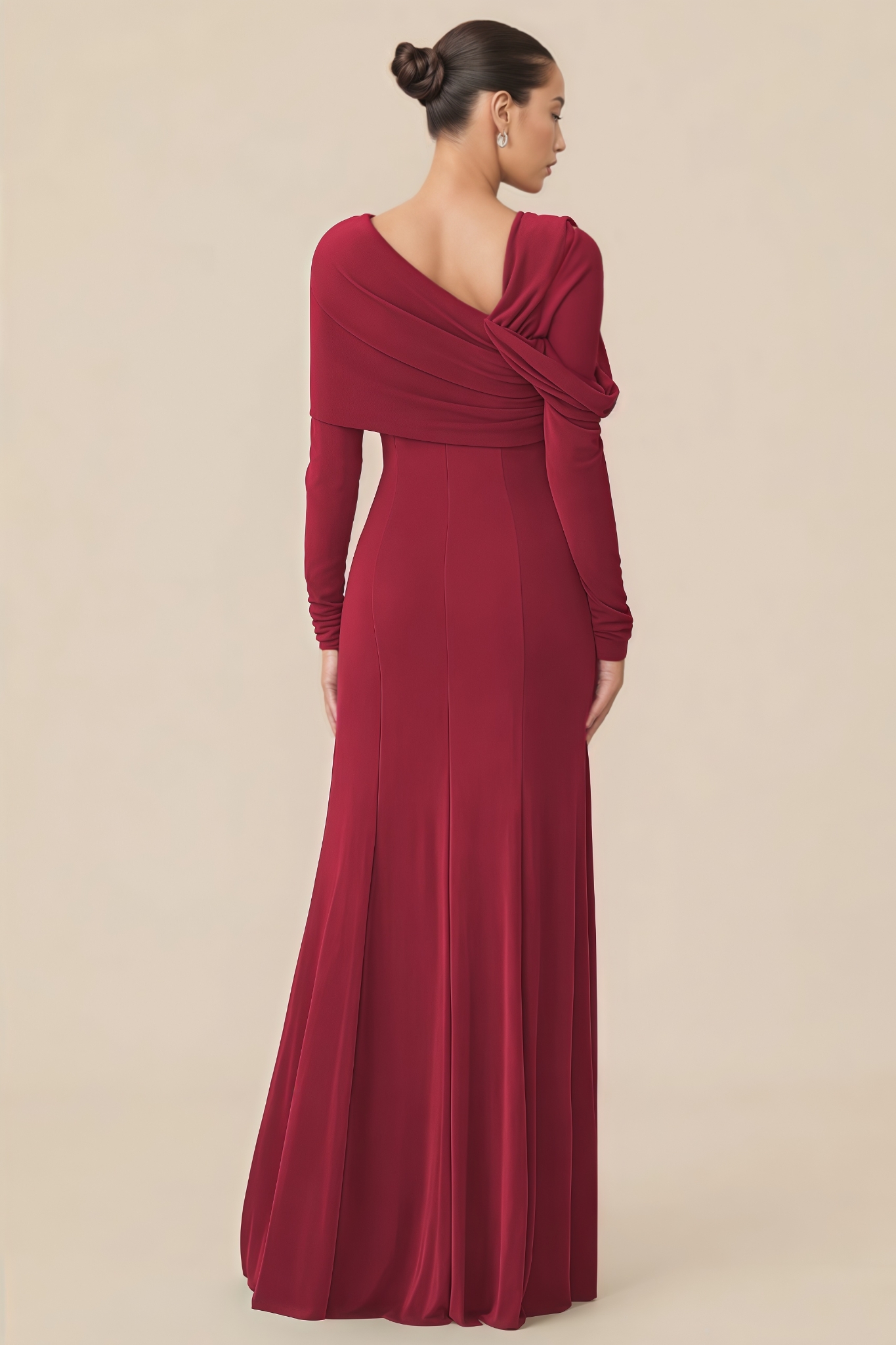 Convor Red Ruched Long Sleeve Maxi Dress
