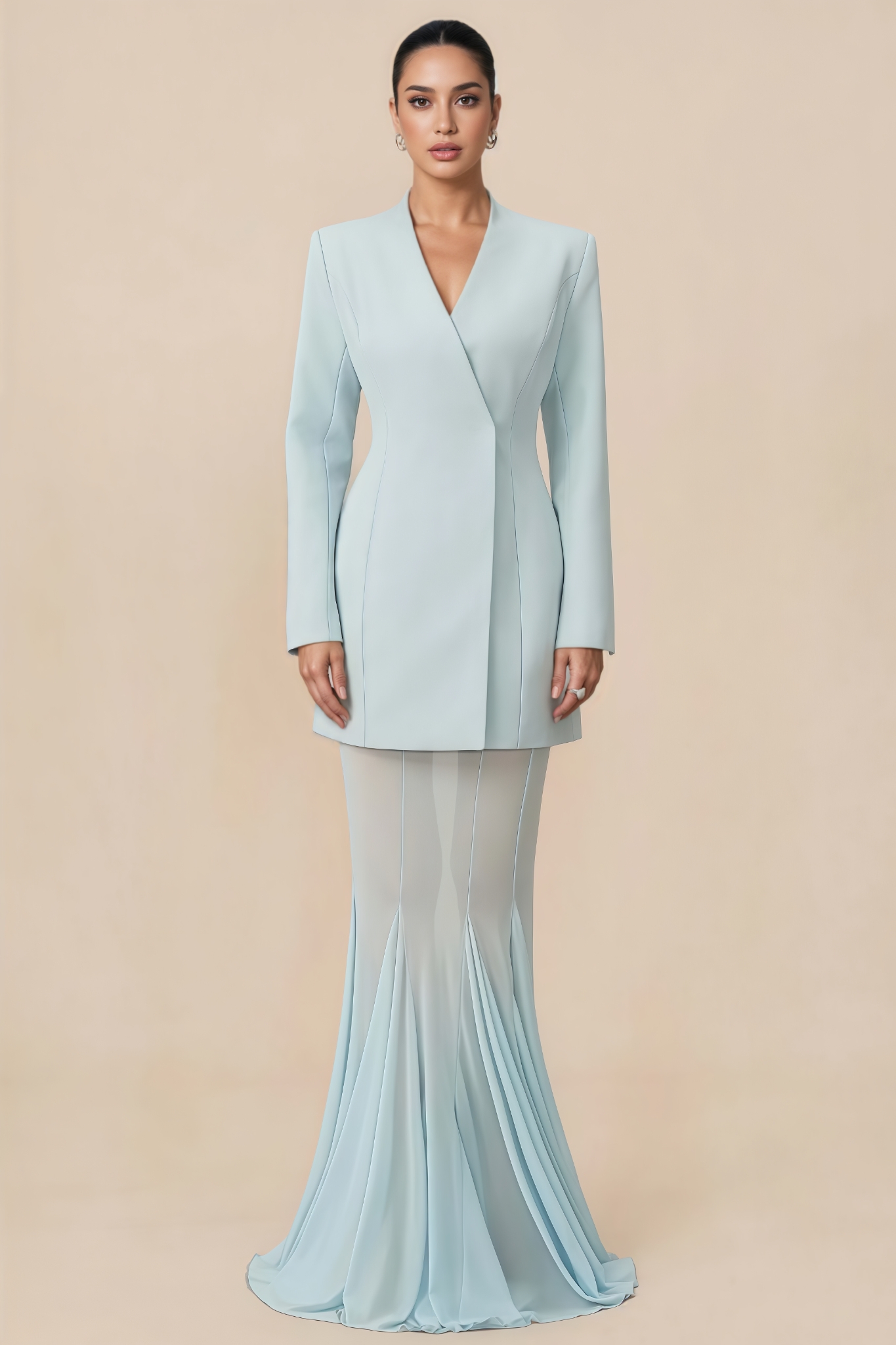 Clanrt Blue Blazer Mesh Maxi Dress Set