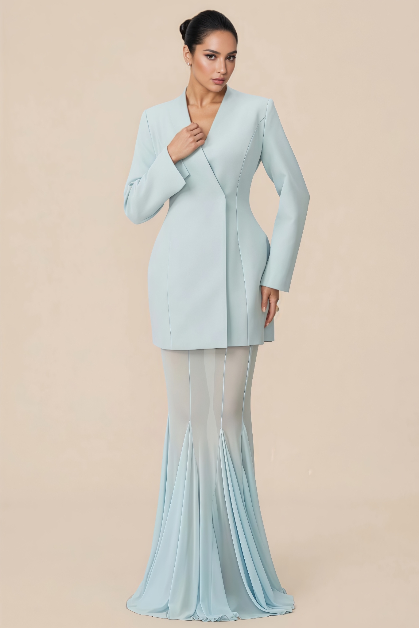 Clanrt Blue Blazer Mesh Maxi Dress Set