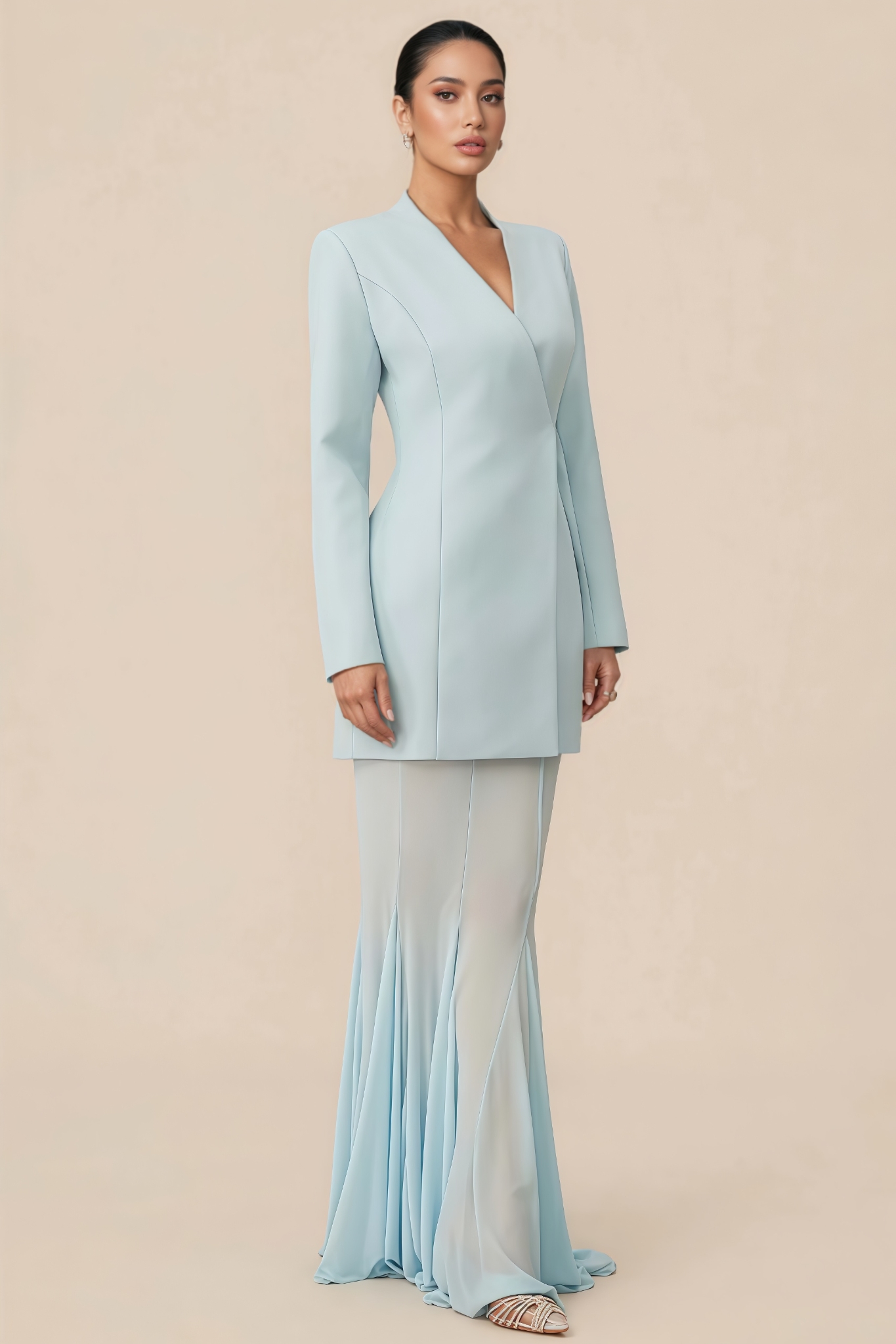 Clanrt Blue Blazer Mesh Maxi Dress Set