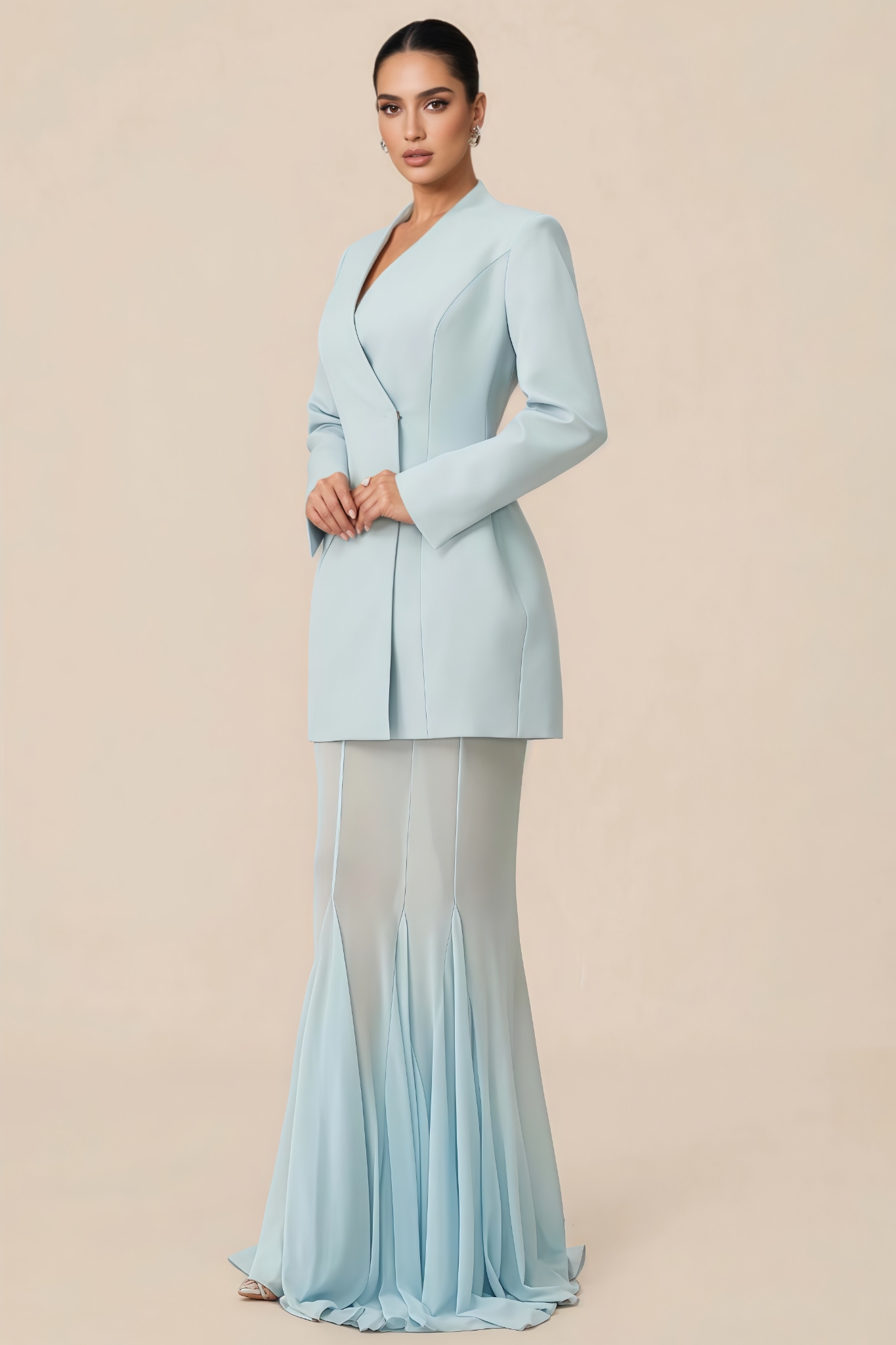 Clanrt Blue Blazer Mesh Maxi Dress Set