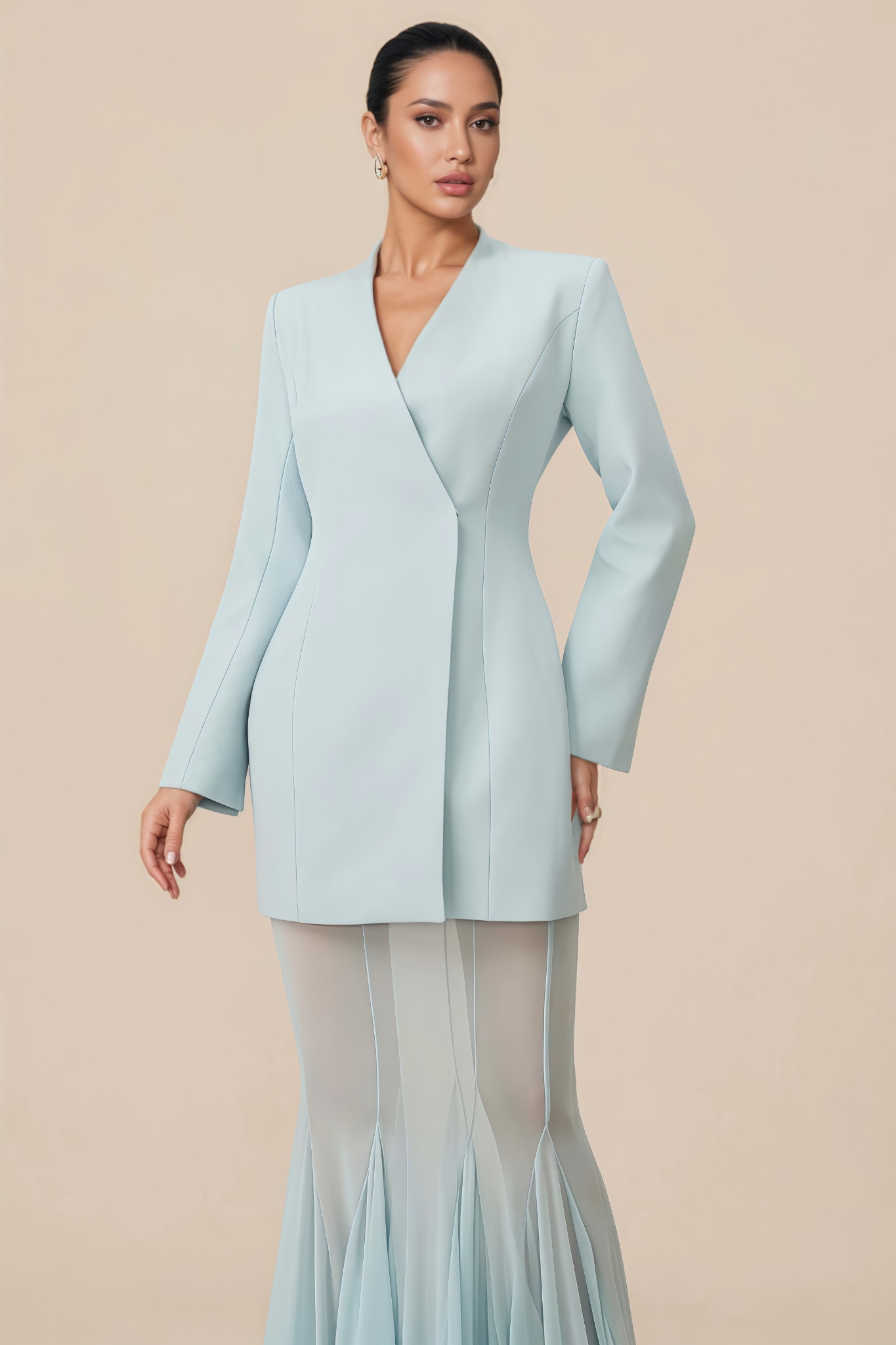 Clanrt Blue Blazer Mesh Maxi Dress Set