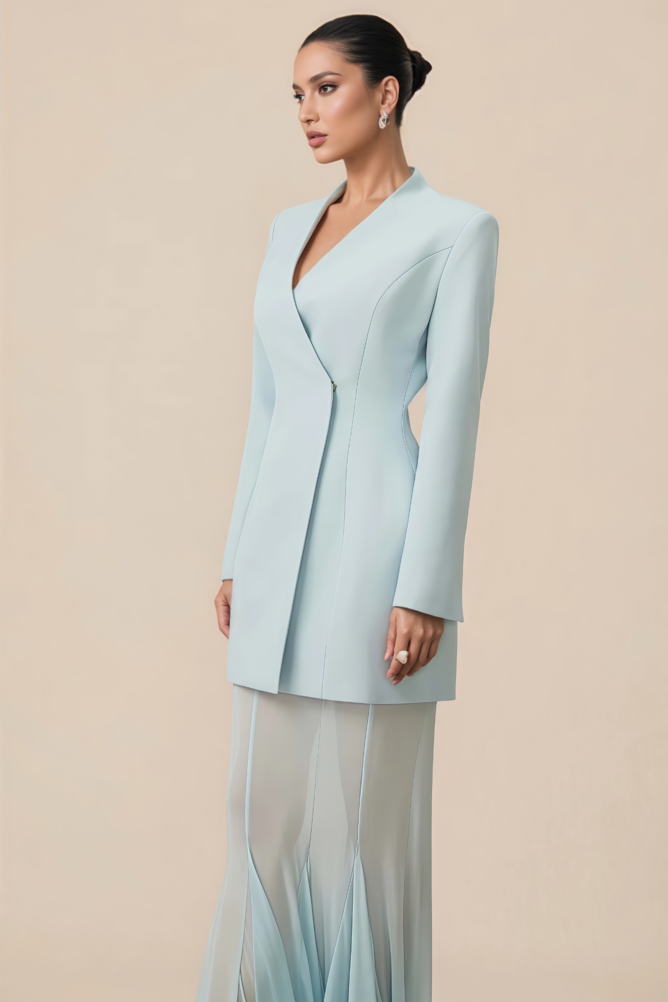 Clanrt Blue Blazer Mesh Maxi Dress Set