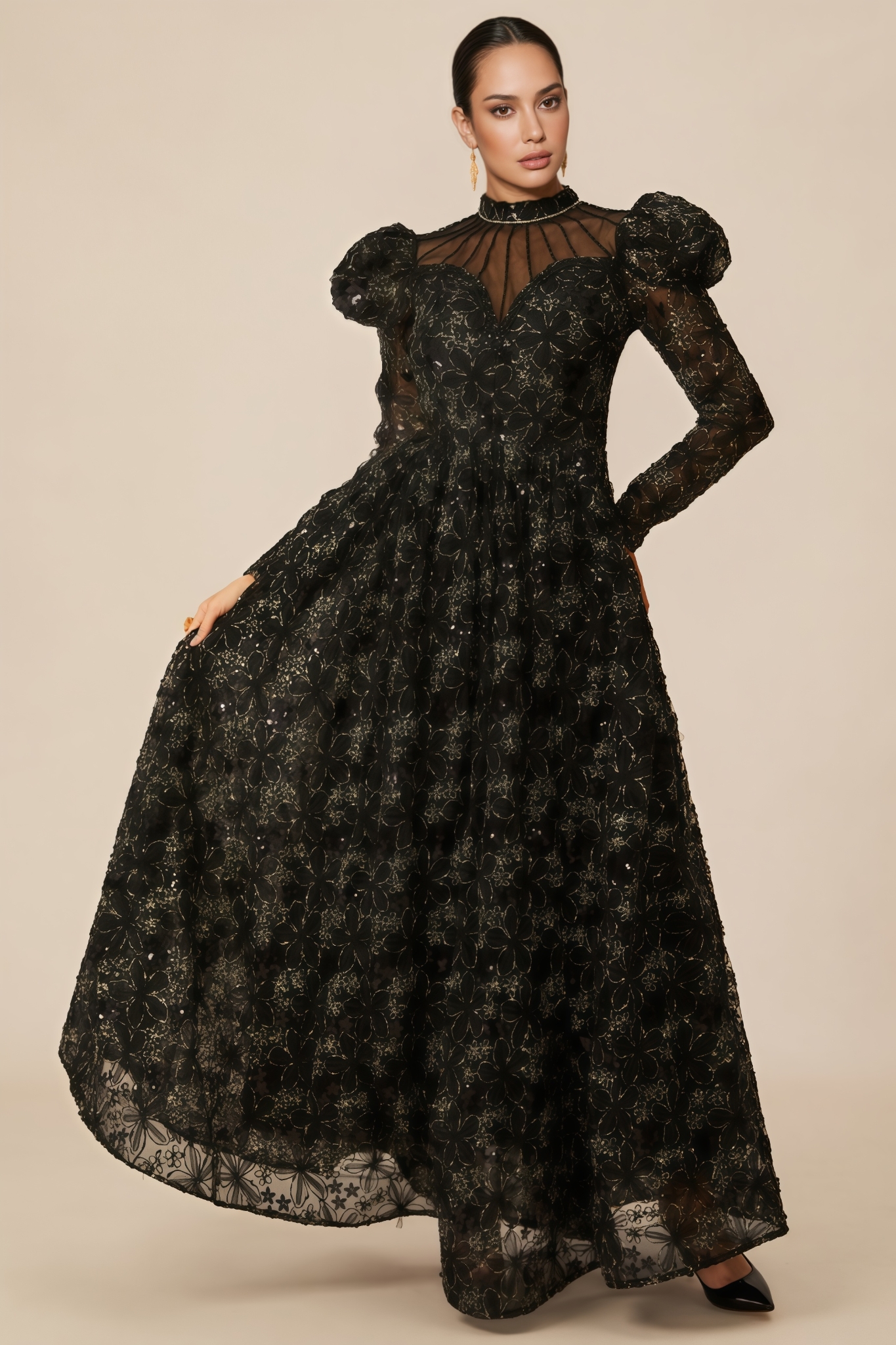 Paislee Floral Embroidered Puff Sleeve Maxi Dress