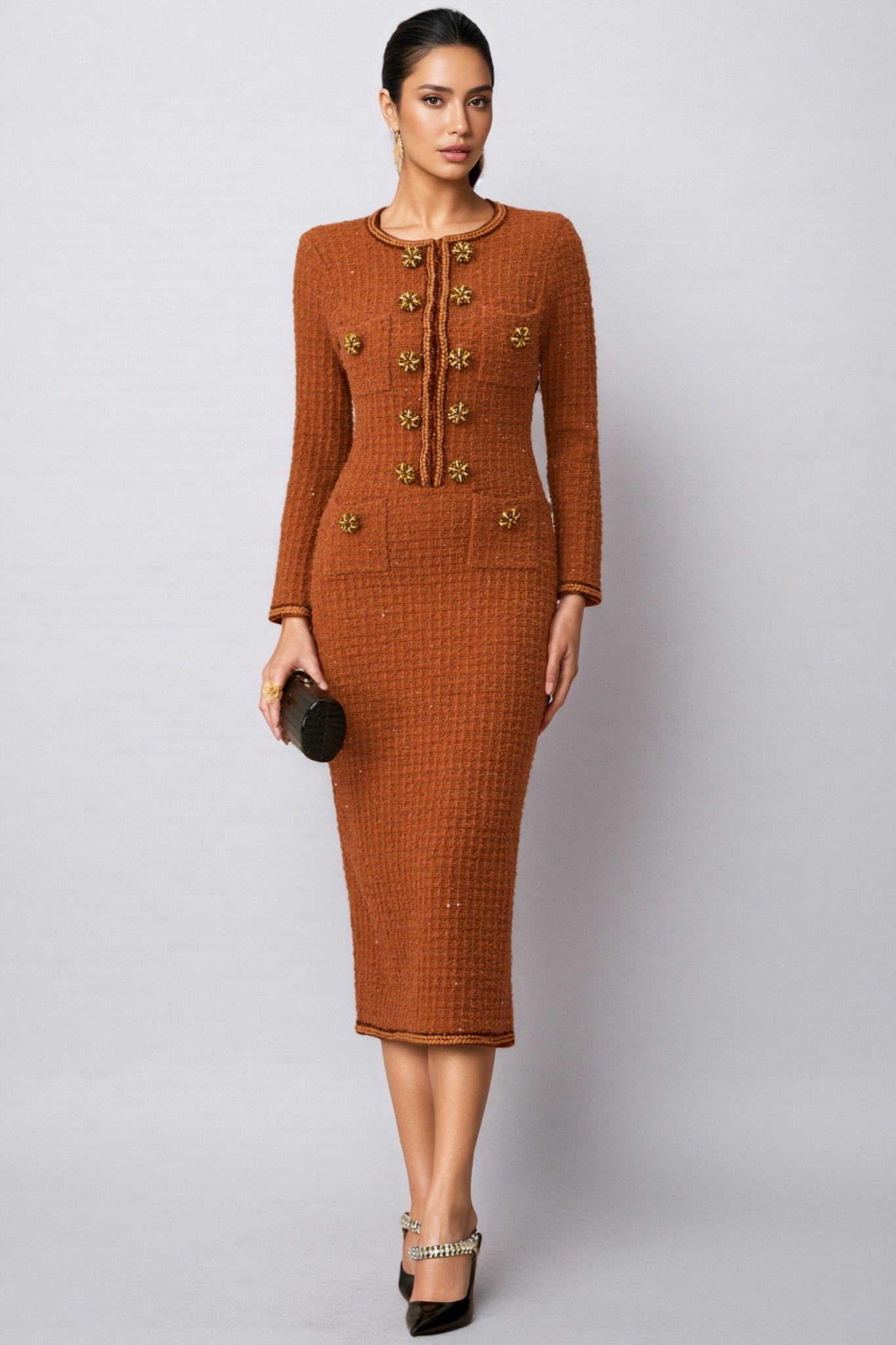 Saela Brown Crystal Button Tweed Midi Dress