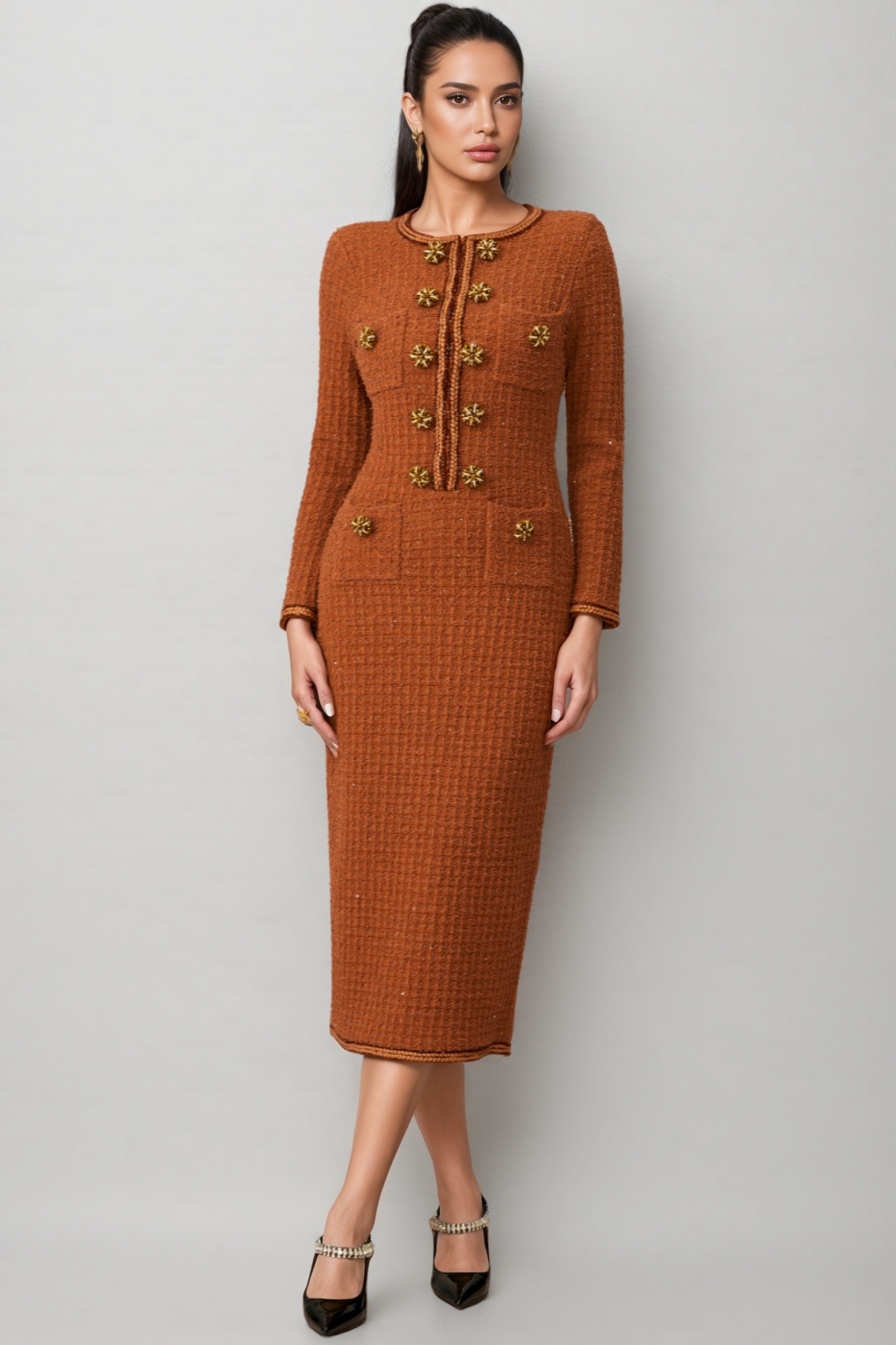 Saela Brown Crystal Button Tweed Midi Dress