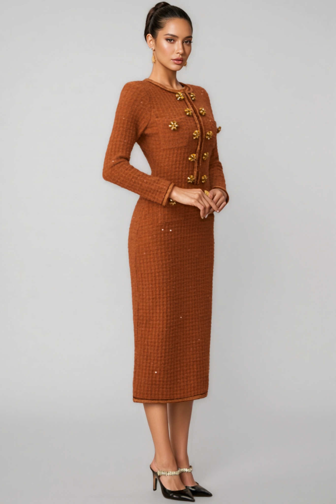 Saela Brown Crystal Button Tweed Midi Dress
