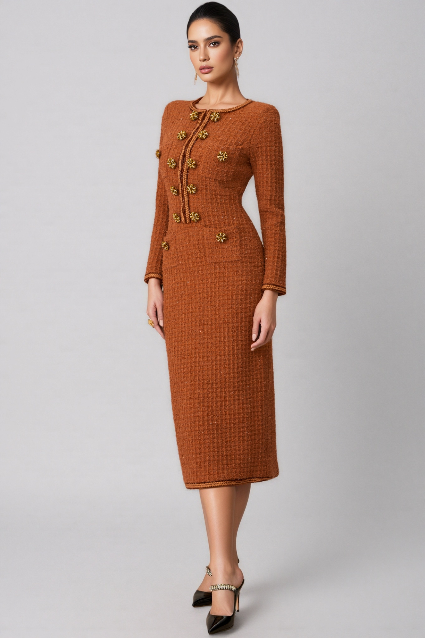 Saela Brown Crystal Button Tweed Midi Dress