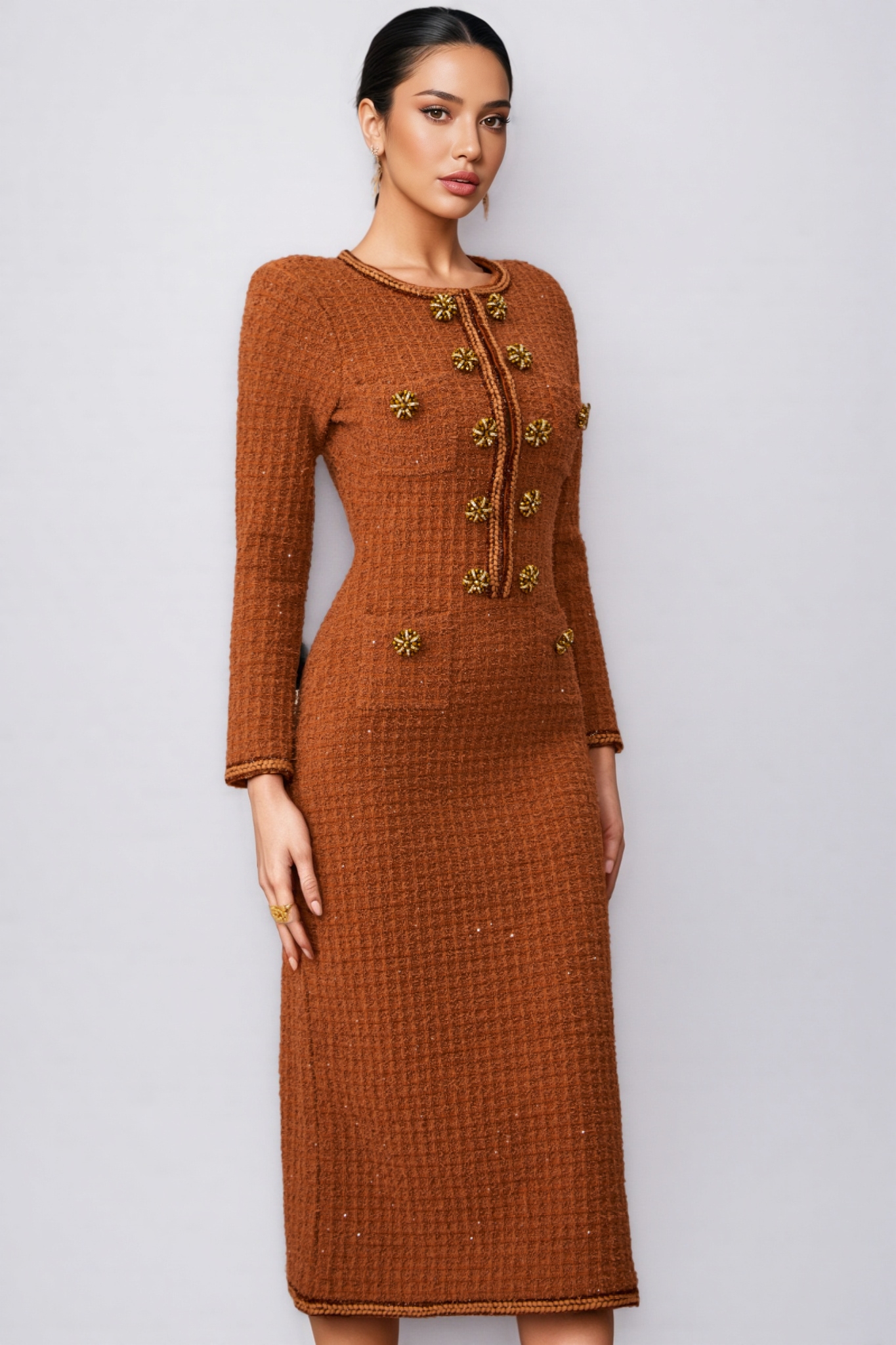 Saela Brown Crystal Button Tweed Midi Dress