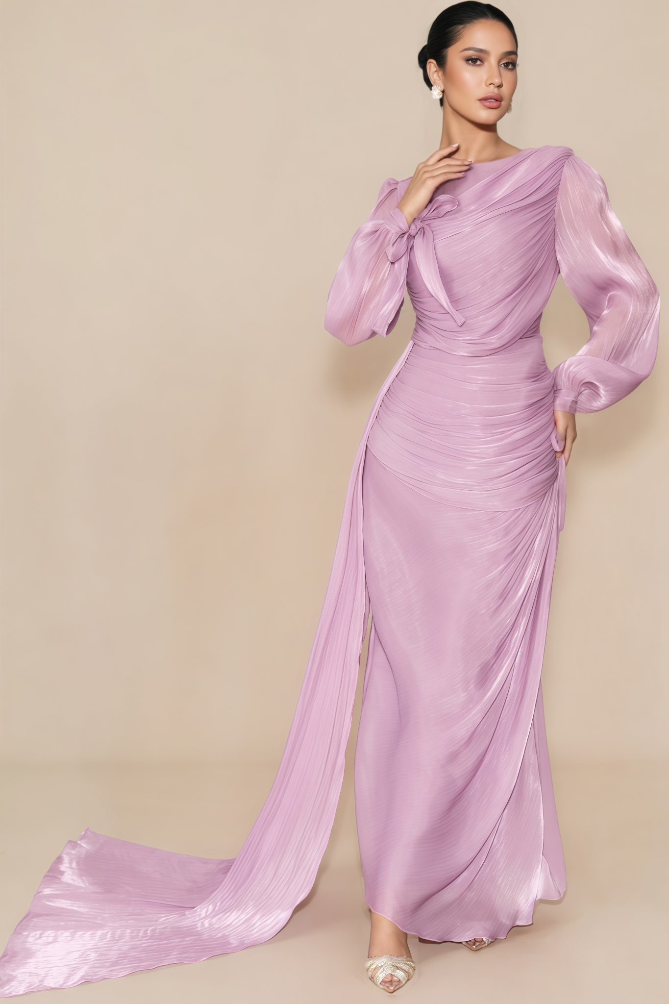 Kefera Purple Lantern Sleeve Ruched Maxi Dress