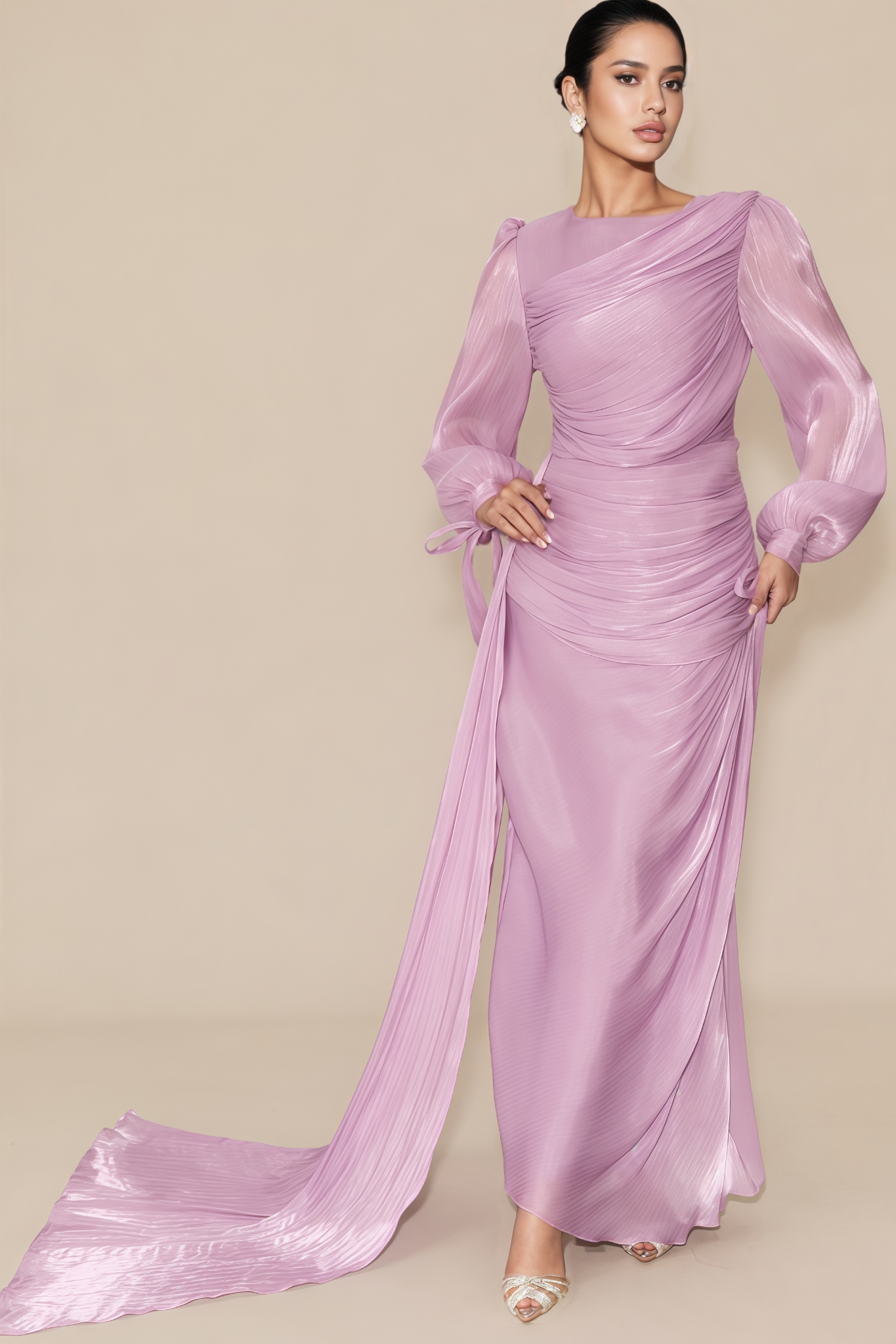 Kefera Purple Lantern Sleeve Ruched Maxi Dress