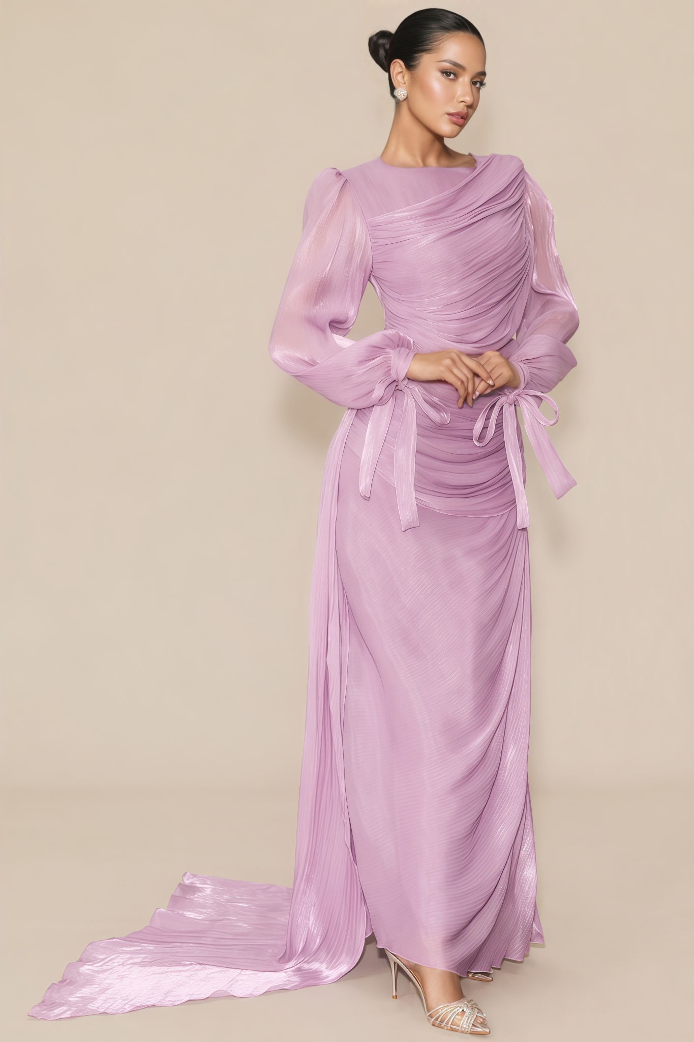 Kefera Purple Lantern Sleeve Ruched Maxi Dress