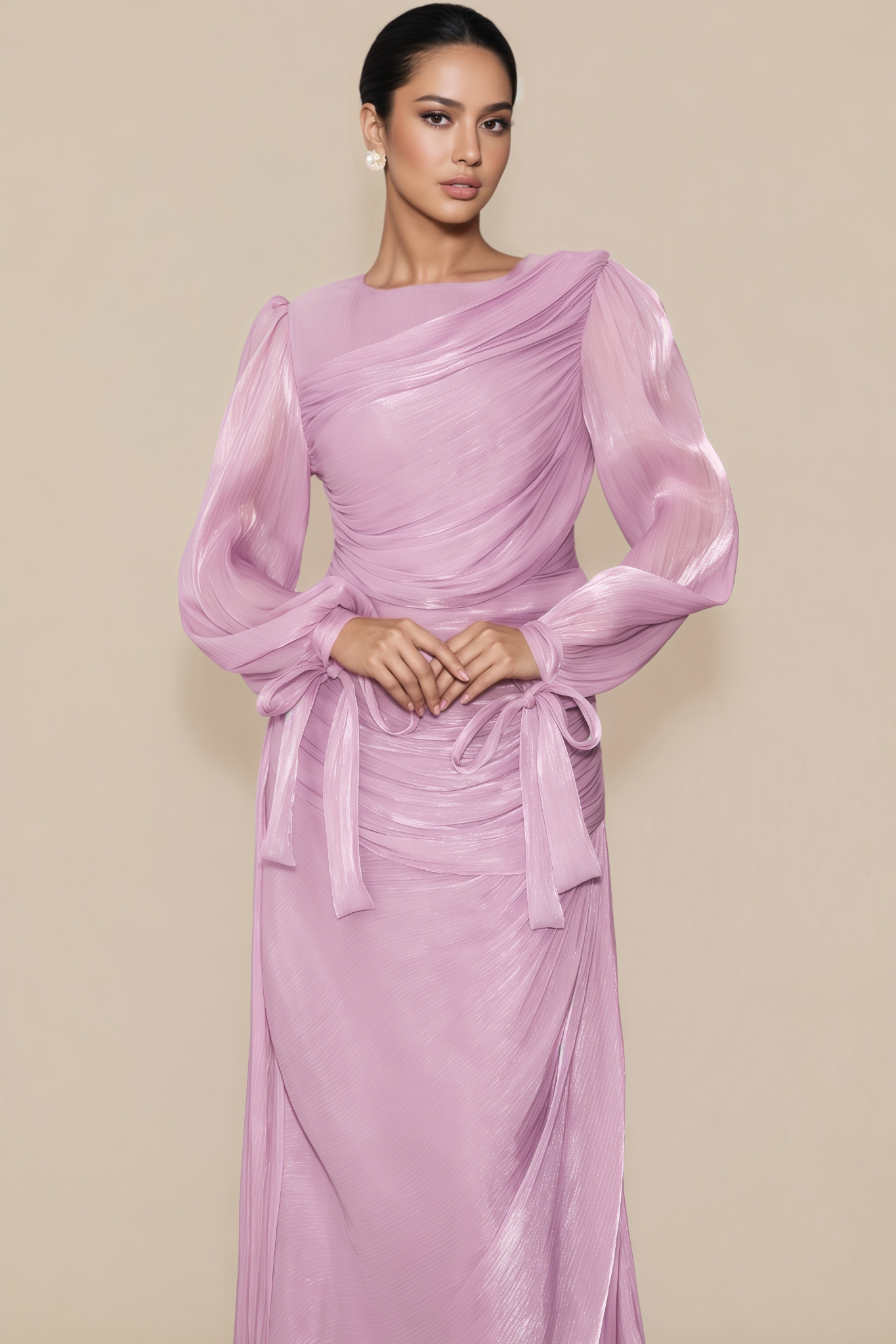 Kefera Purple Lantern Sleeve Ruched Maxi Dress