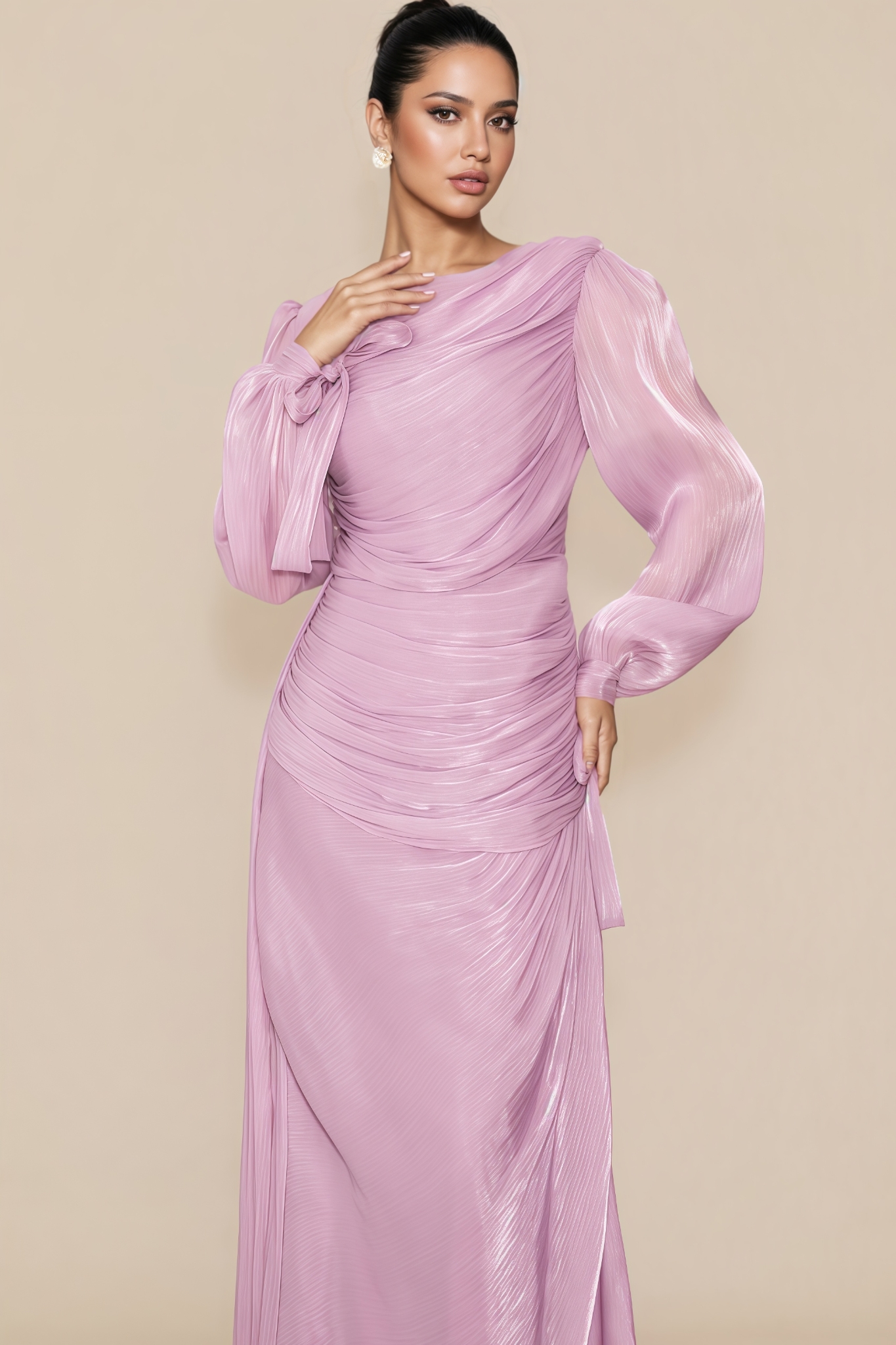 Kefera Purple Lantern Sleeve Ruched Maxi Dress