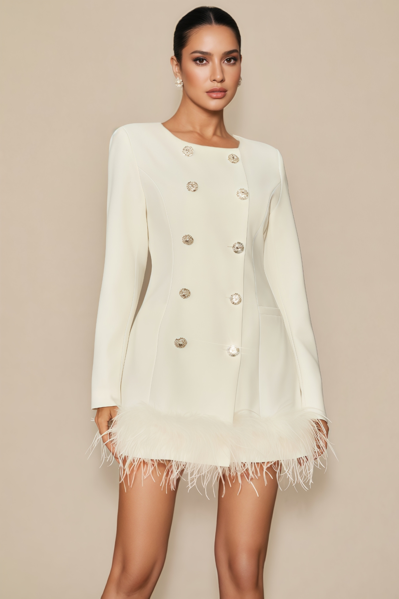 Porsha White Double Breasted Feather Mini Dress