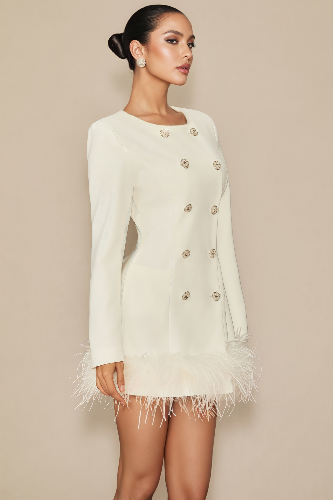 Porsha White Double Breasted Feather Mini Dress