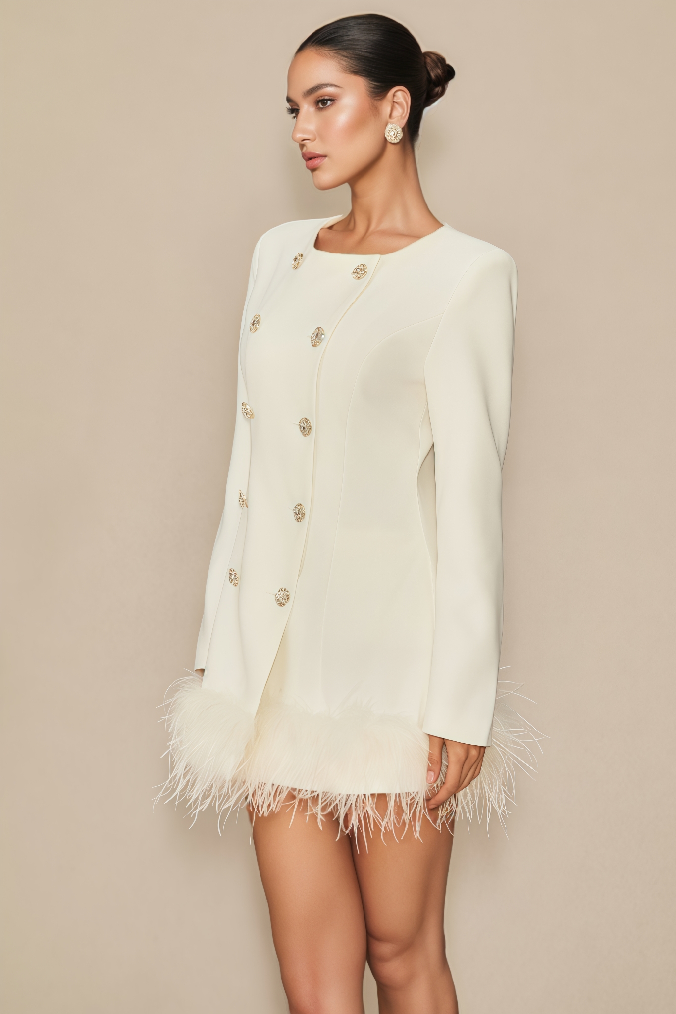 Porsha White Double Breasted Feather Mini Dress