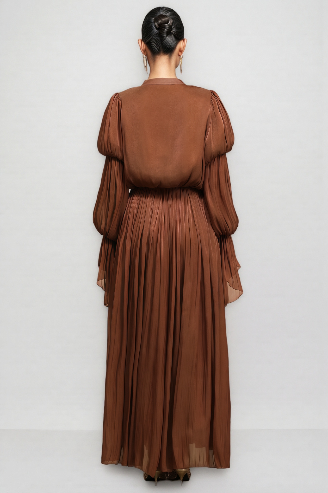 Stella Long Sleeves Folds Brown Maxi Dress 