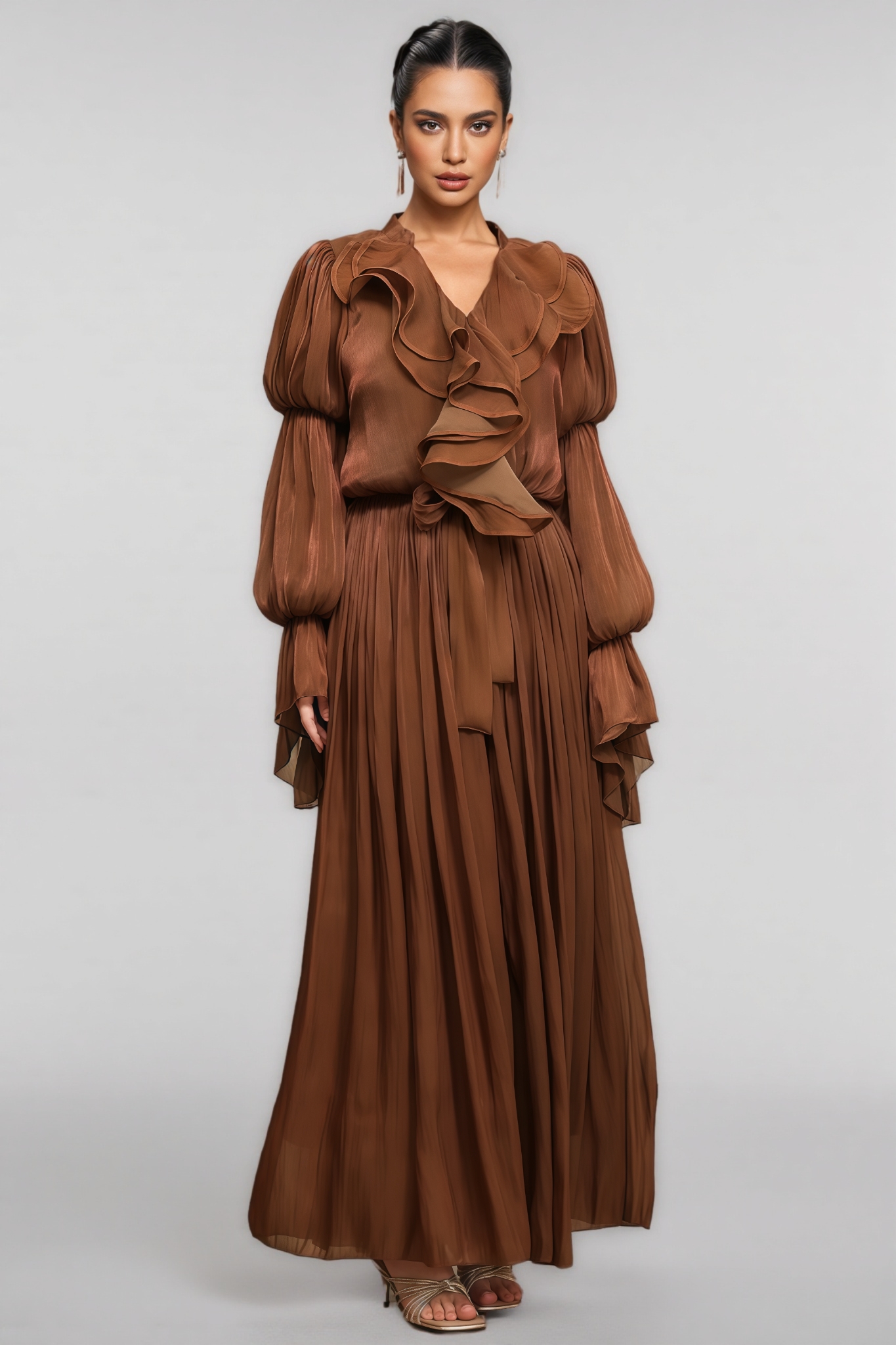 Stella Long Sleeves Folds Brown Maxi Dress 