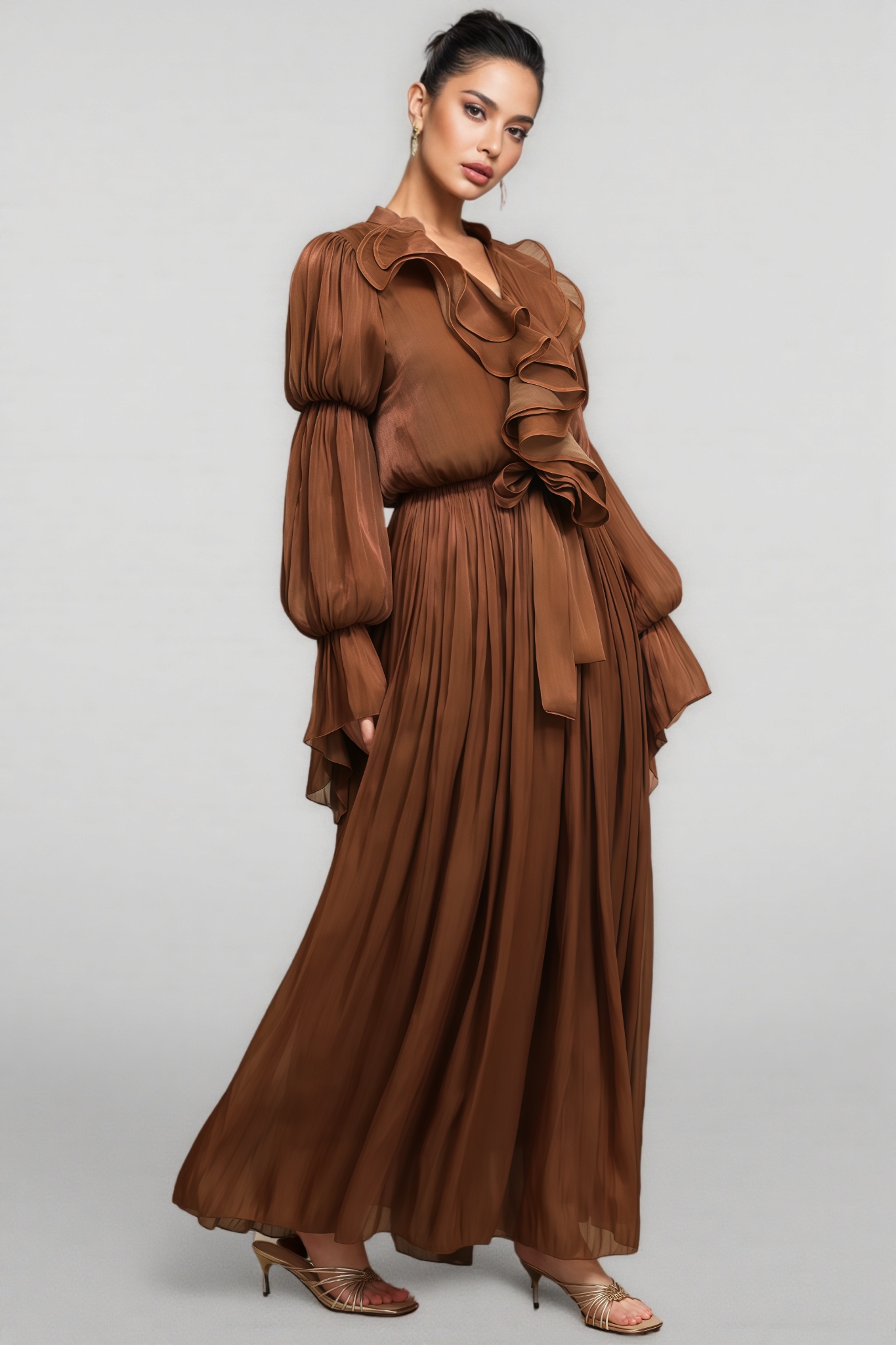 Stella Long Sleeves Folds Brown Maxi Dress 