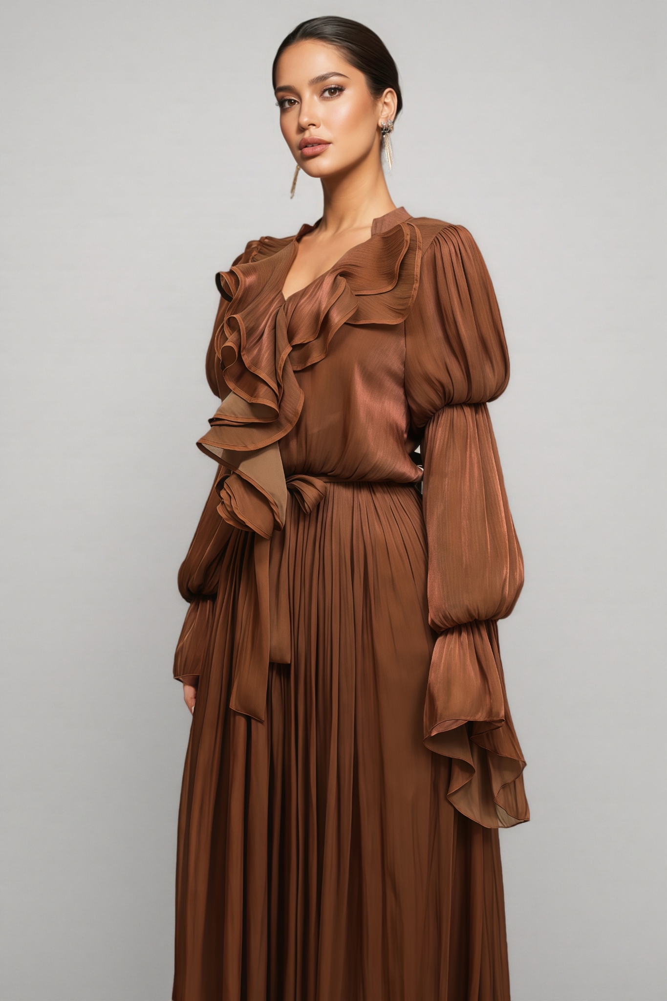 Stella Long Sleeves Folds Brown Maxi Dress 