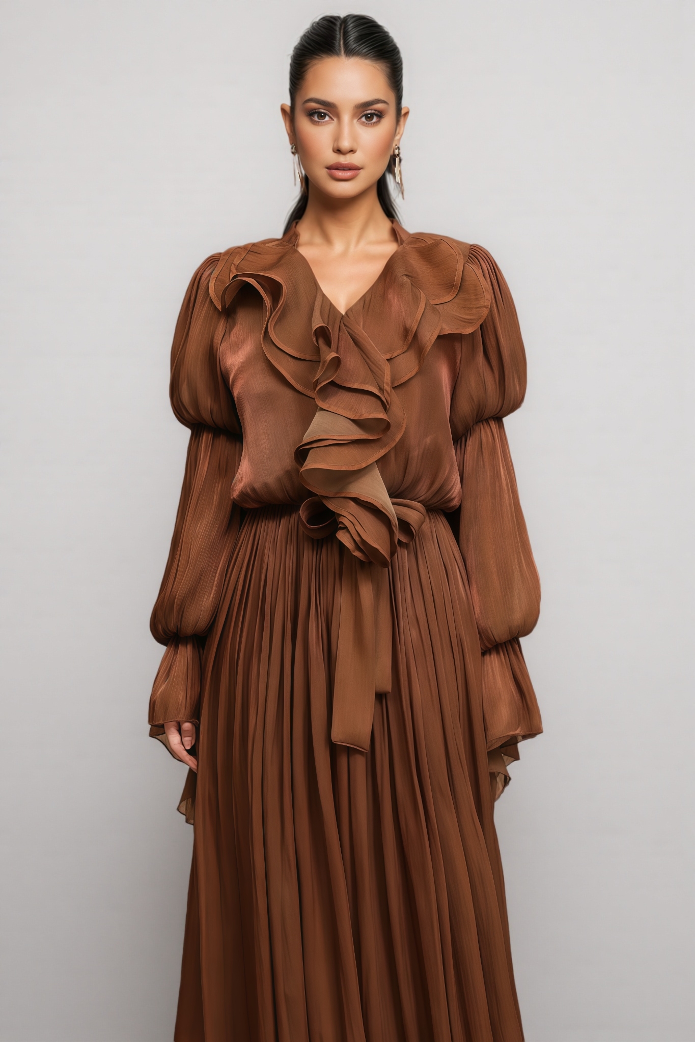 Stella Long Sleeves Folds Brown Maxi Dress 