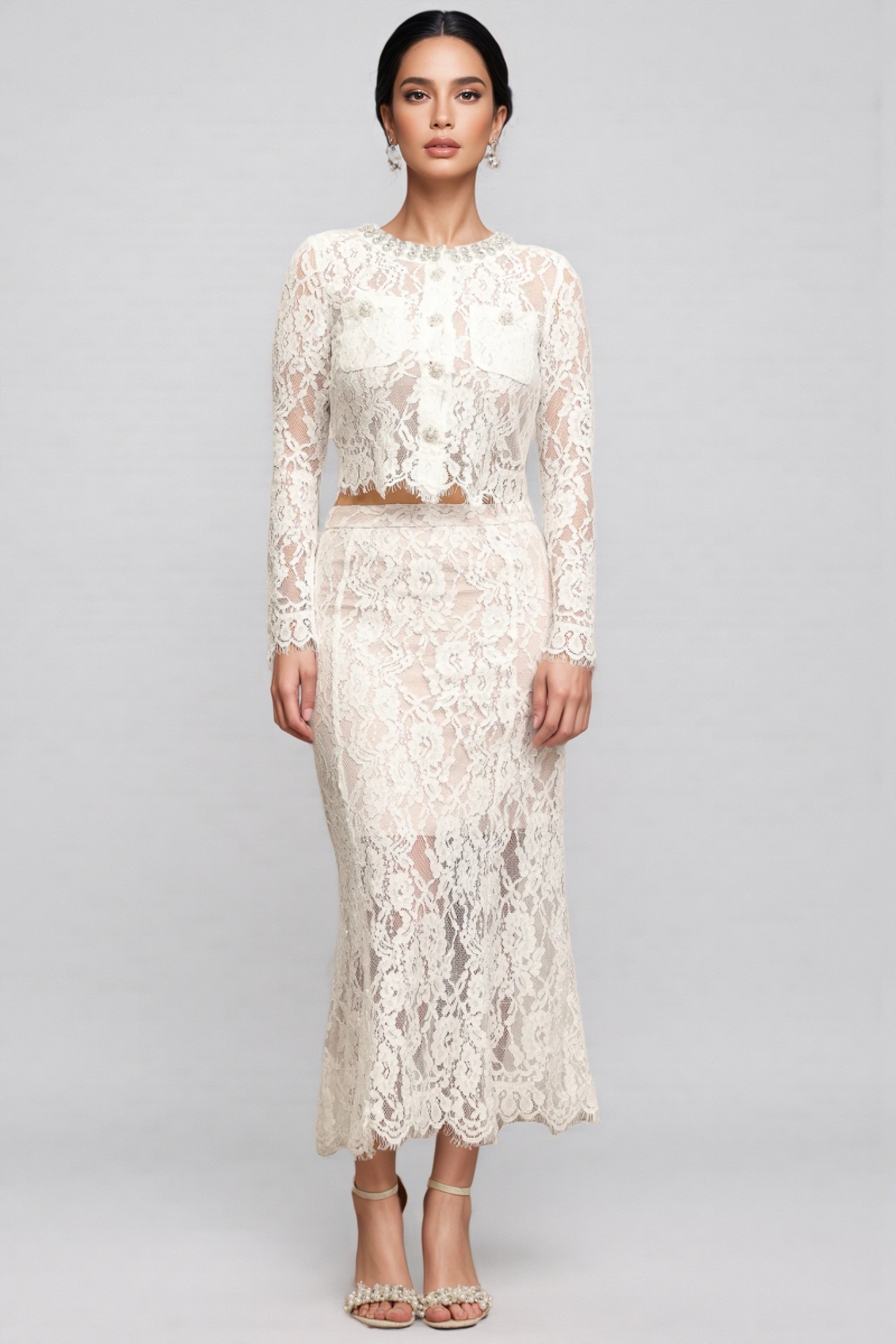 Amora Round Neck Lace Diamond Maxi Dress Set