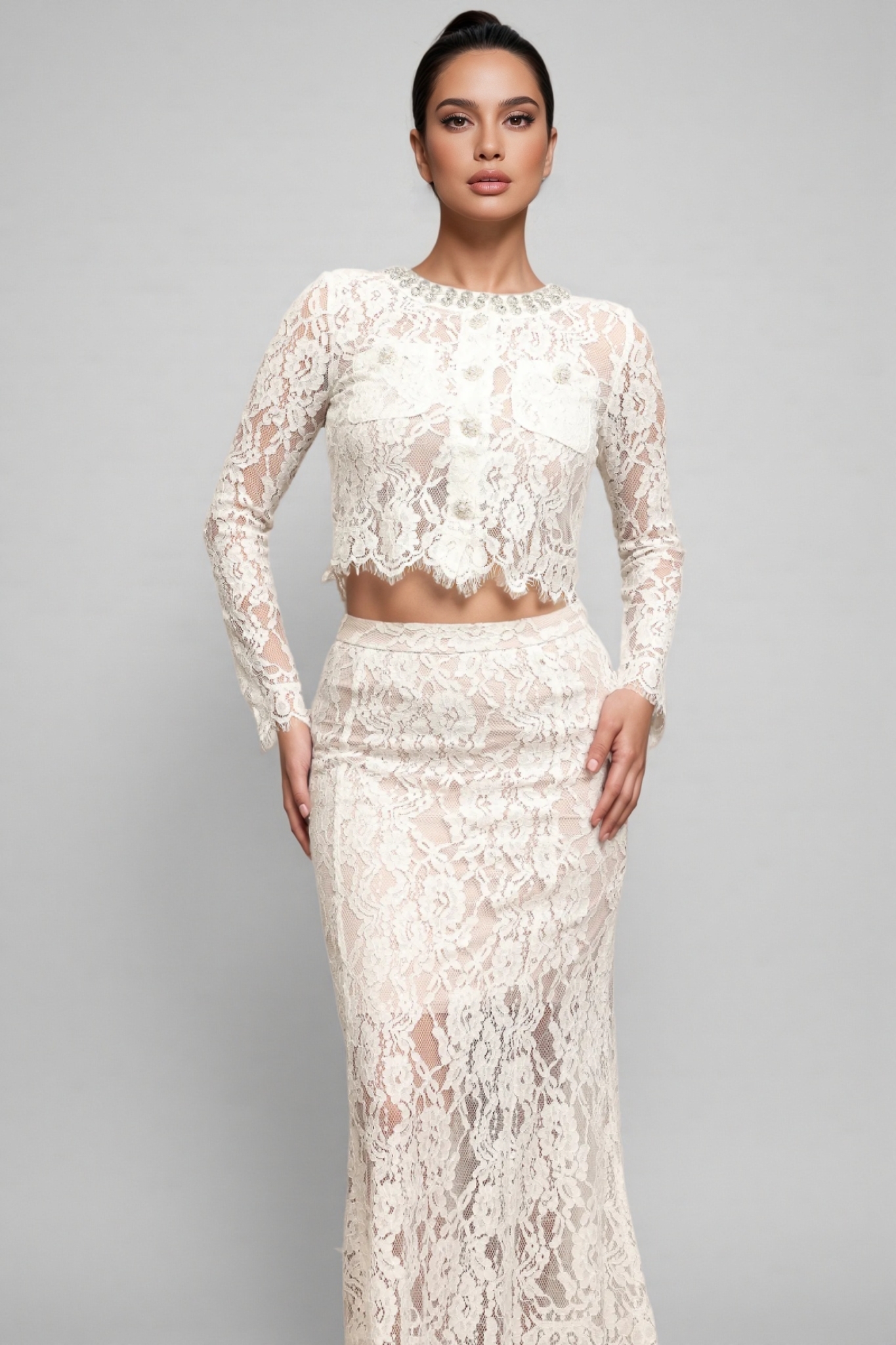 Amora Round Neck Lace Diamond Maxi Dress Set