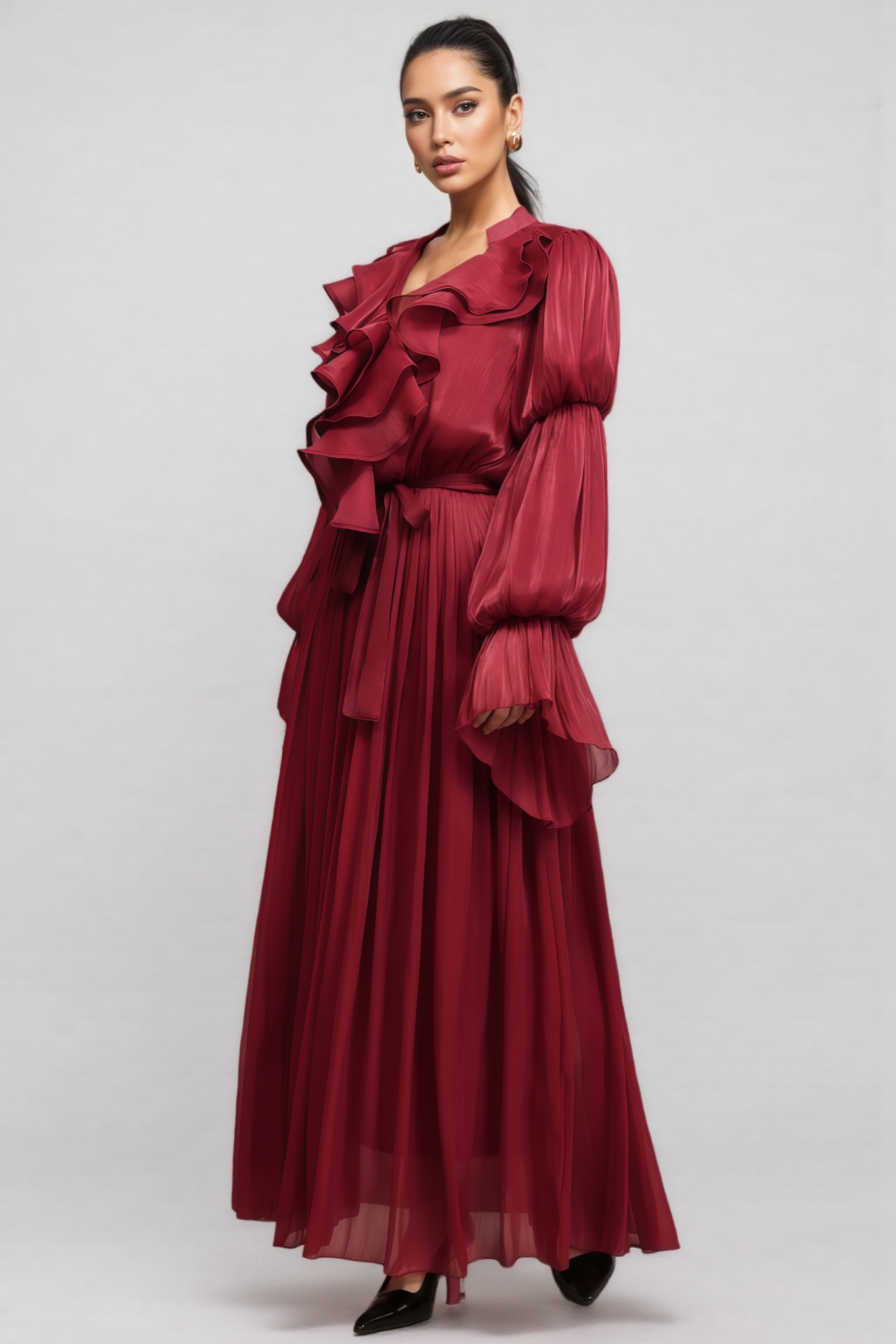 Lamb Long Sleeves Folds Red Maxi Dress