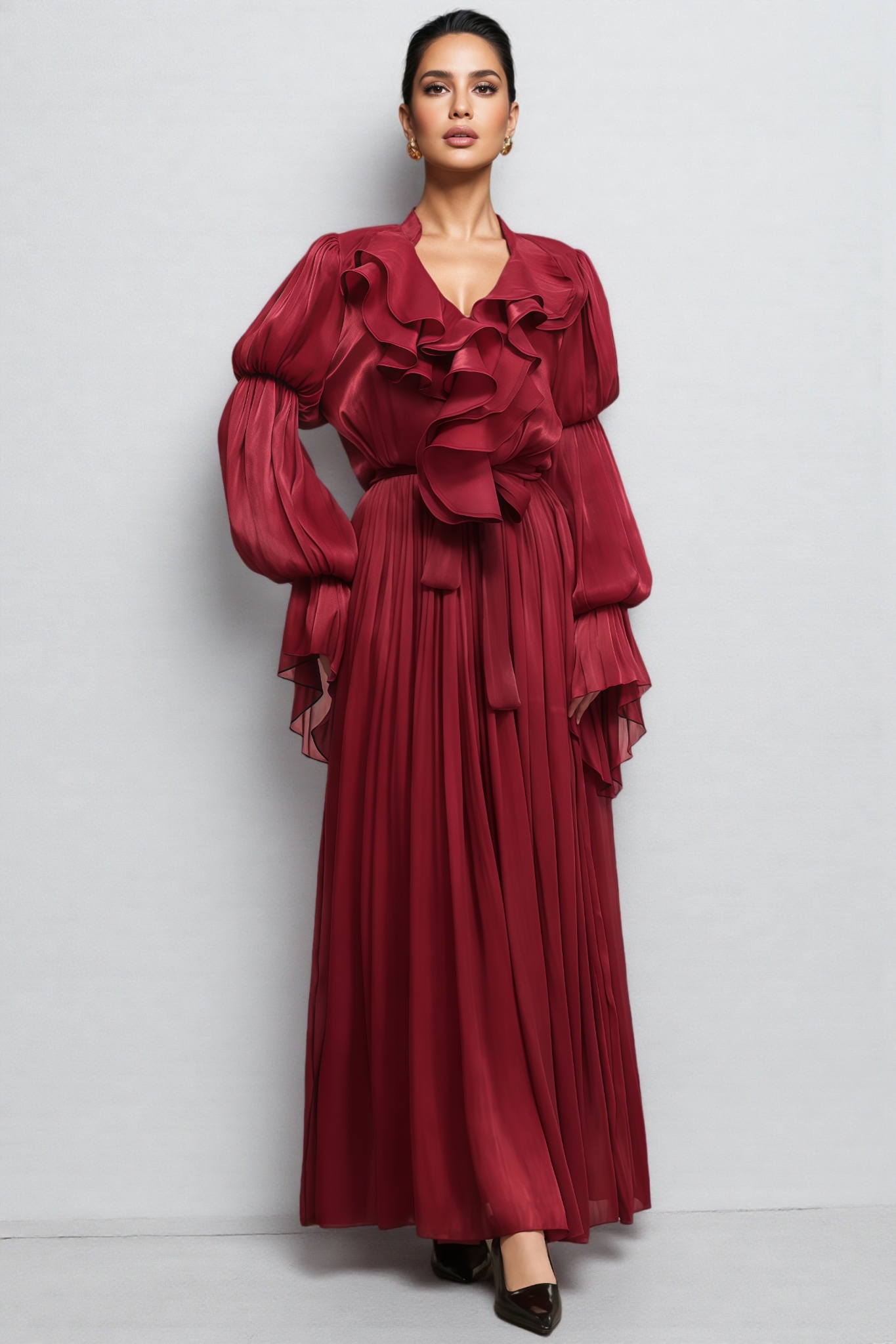 Lamb Long Sleeves Folds Red Maxi Dress