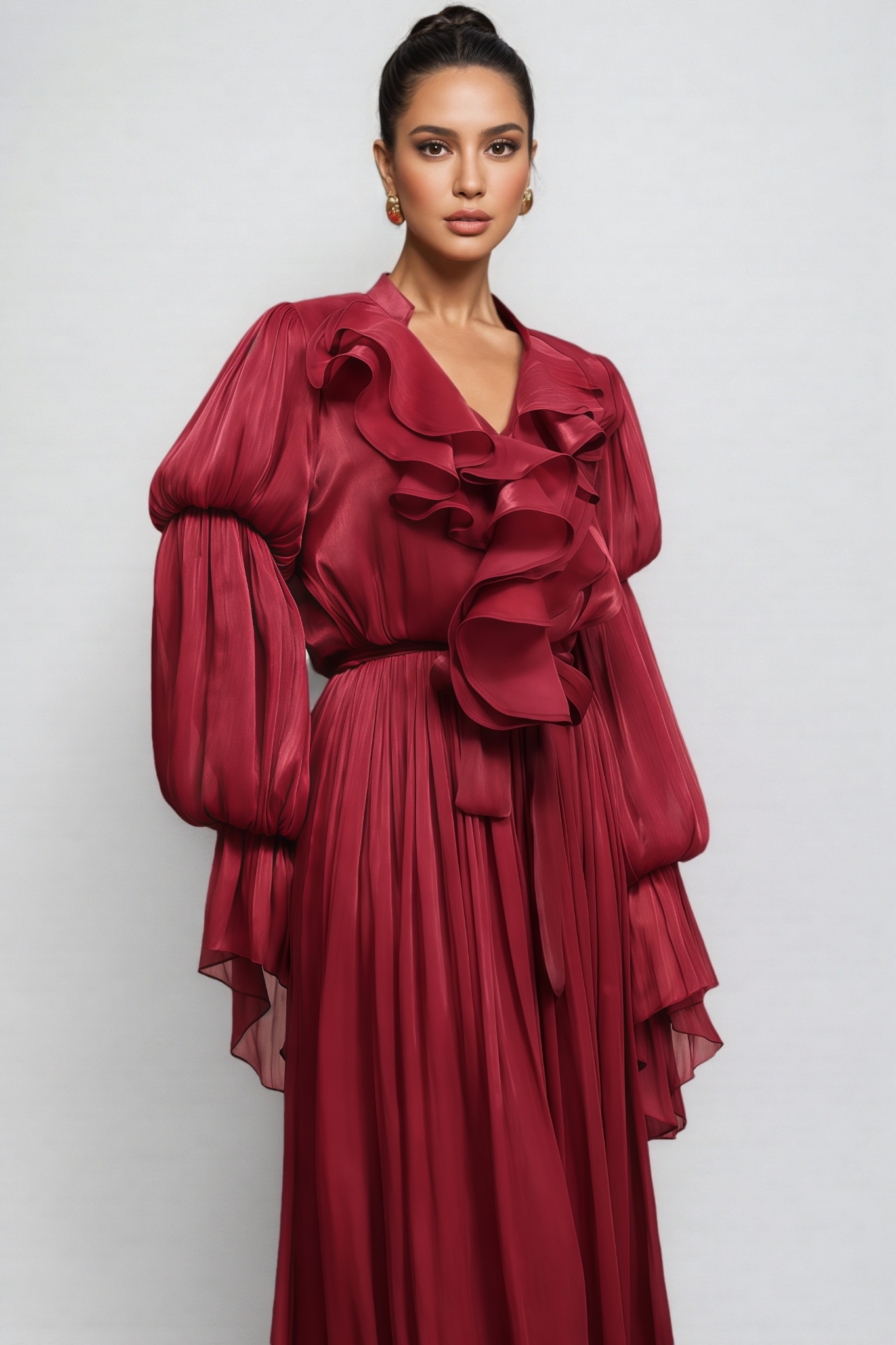 Lamb Long Sleeves Folds Red Maxi Dress