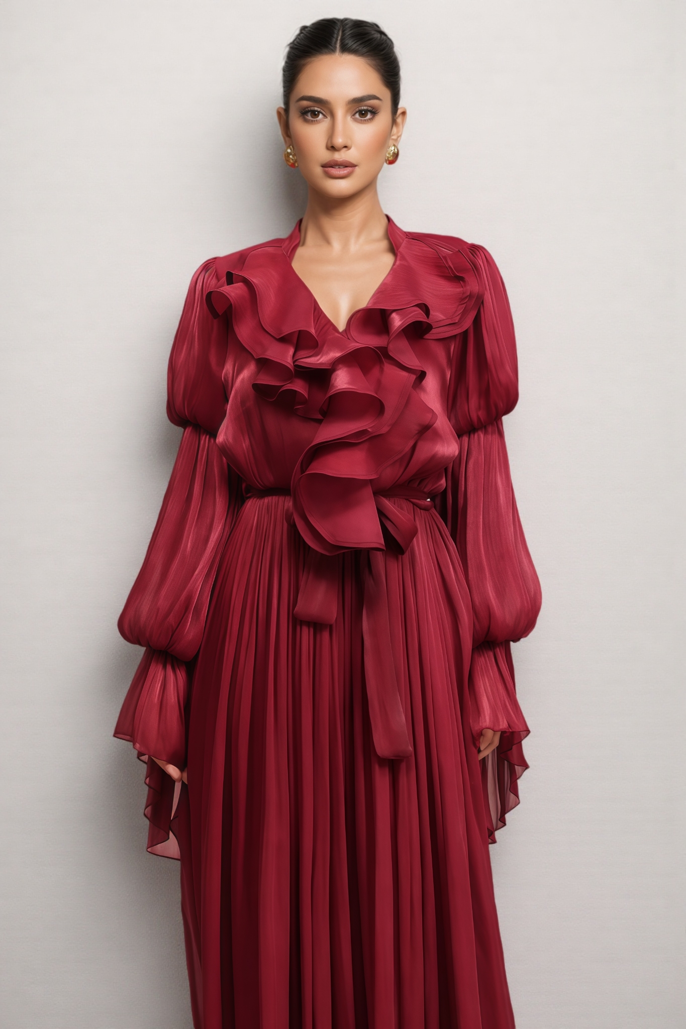 Lamb Long Sleeves Folds Red Maxi Dress