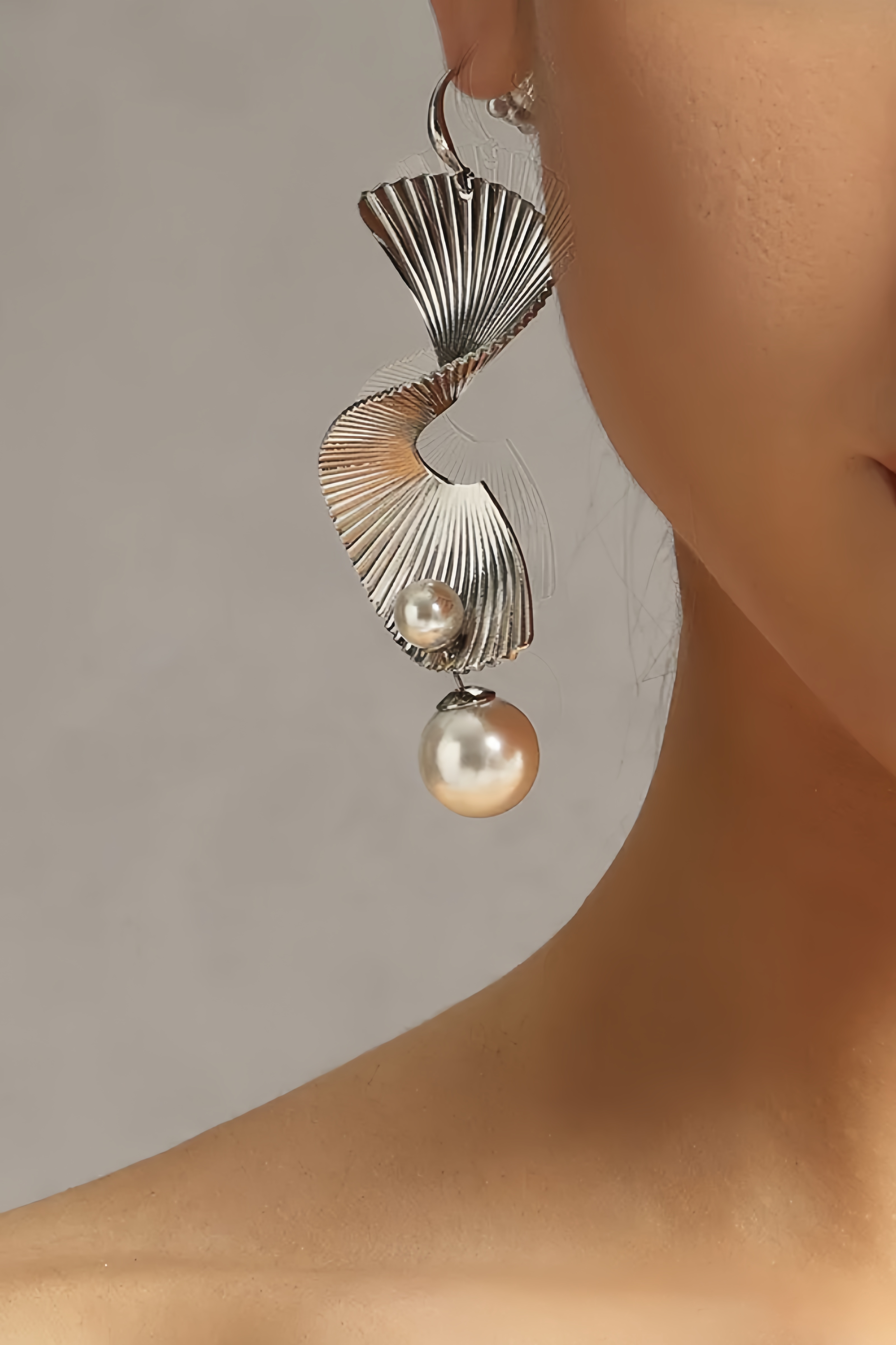 Kasey Wave Sector Pearl Tassels Silver Earrings