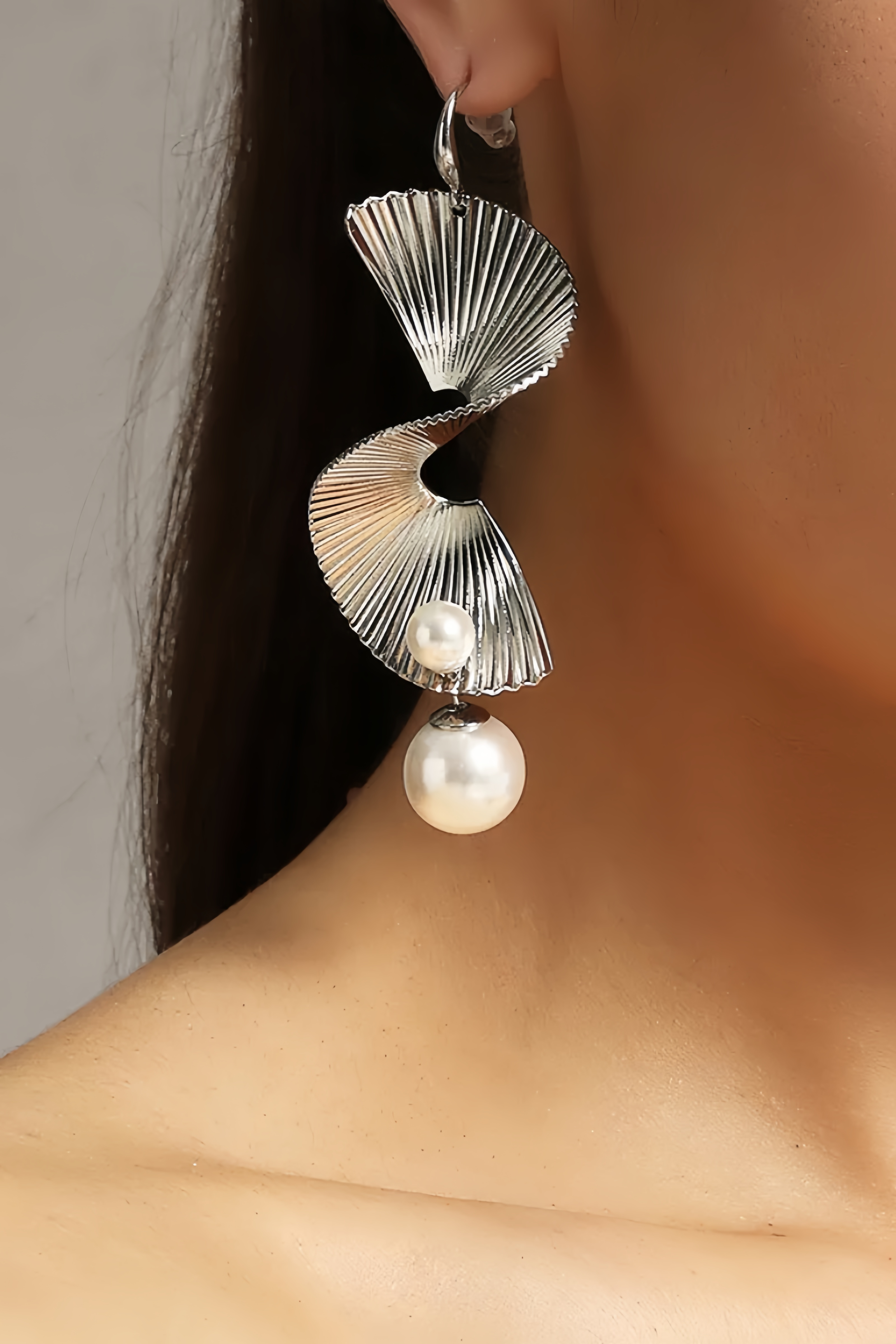 Kasey Wave Sector Pearl Tassels Silver Earrings