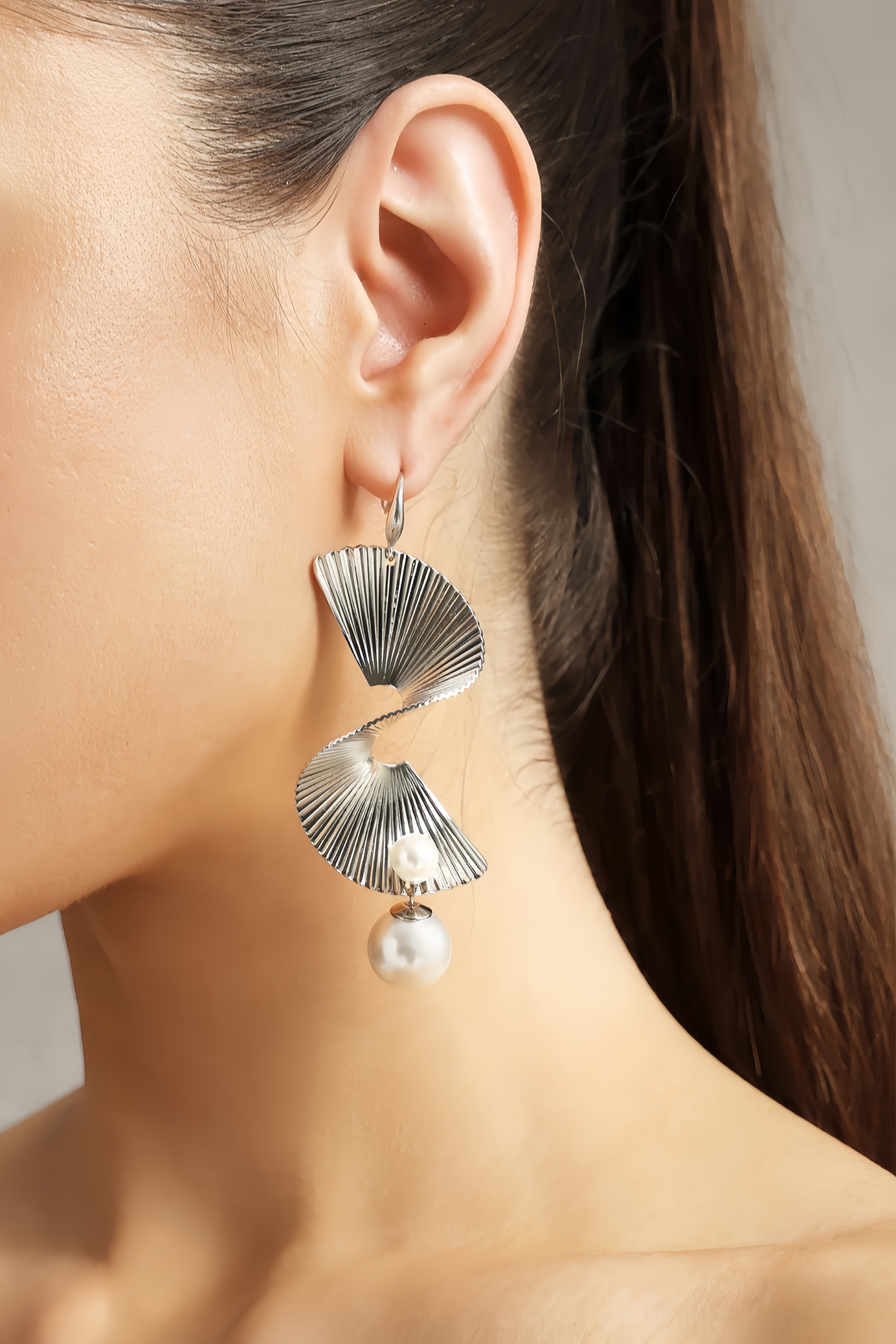 Kasey Wave Sector Pearl Tassels Silver Earrings