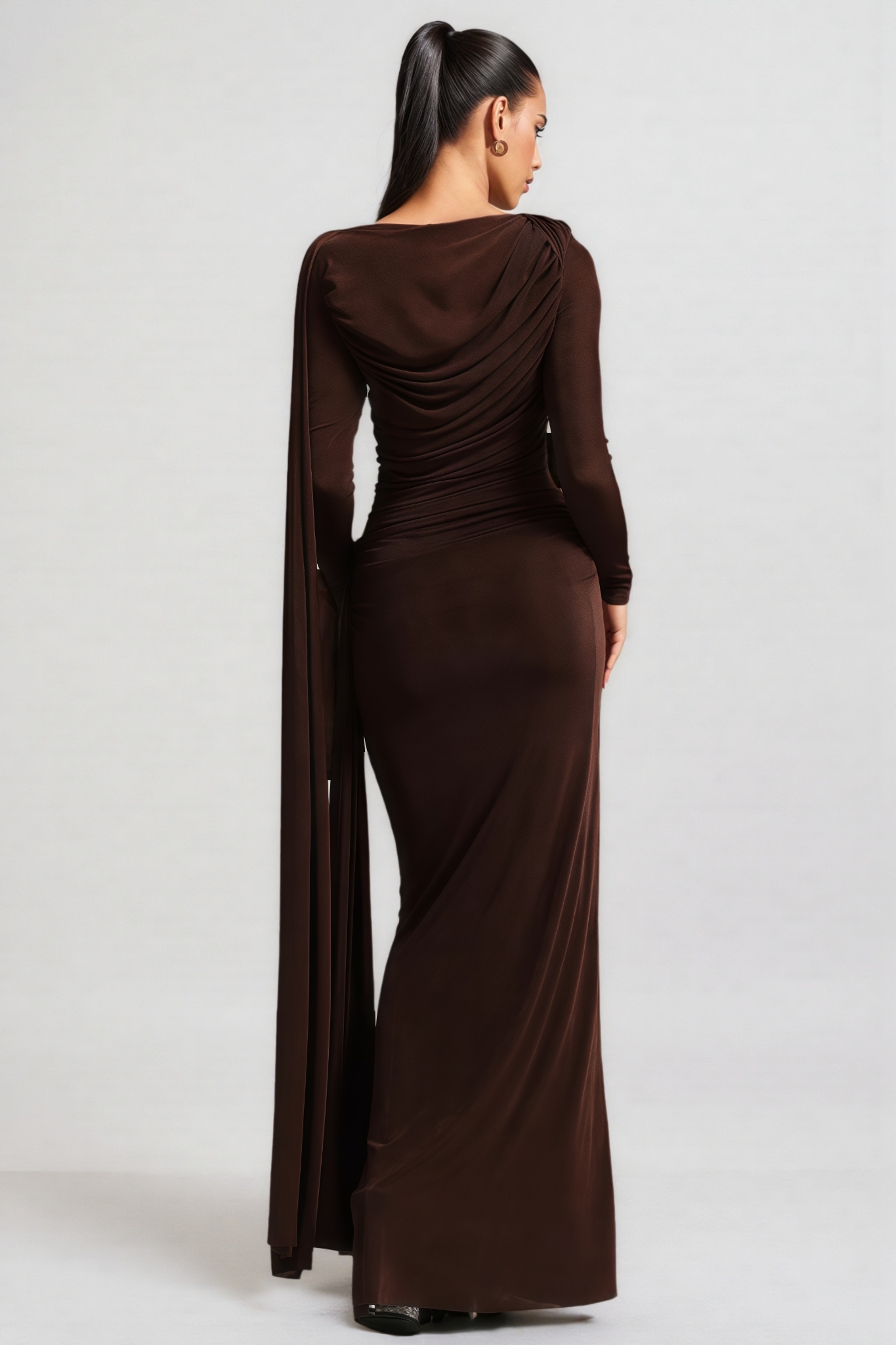 Liserre Long Sleeve Ruched Brown Maxi Dress