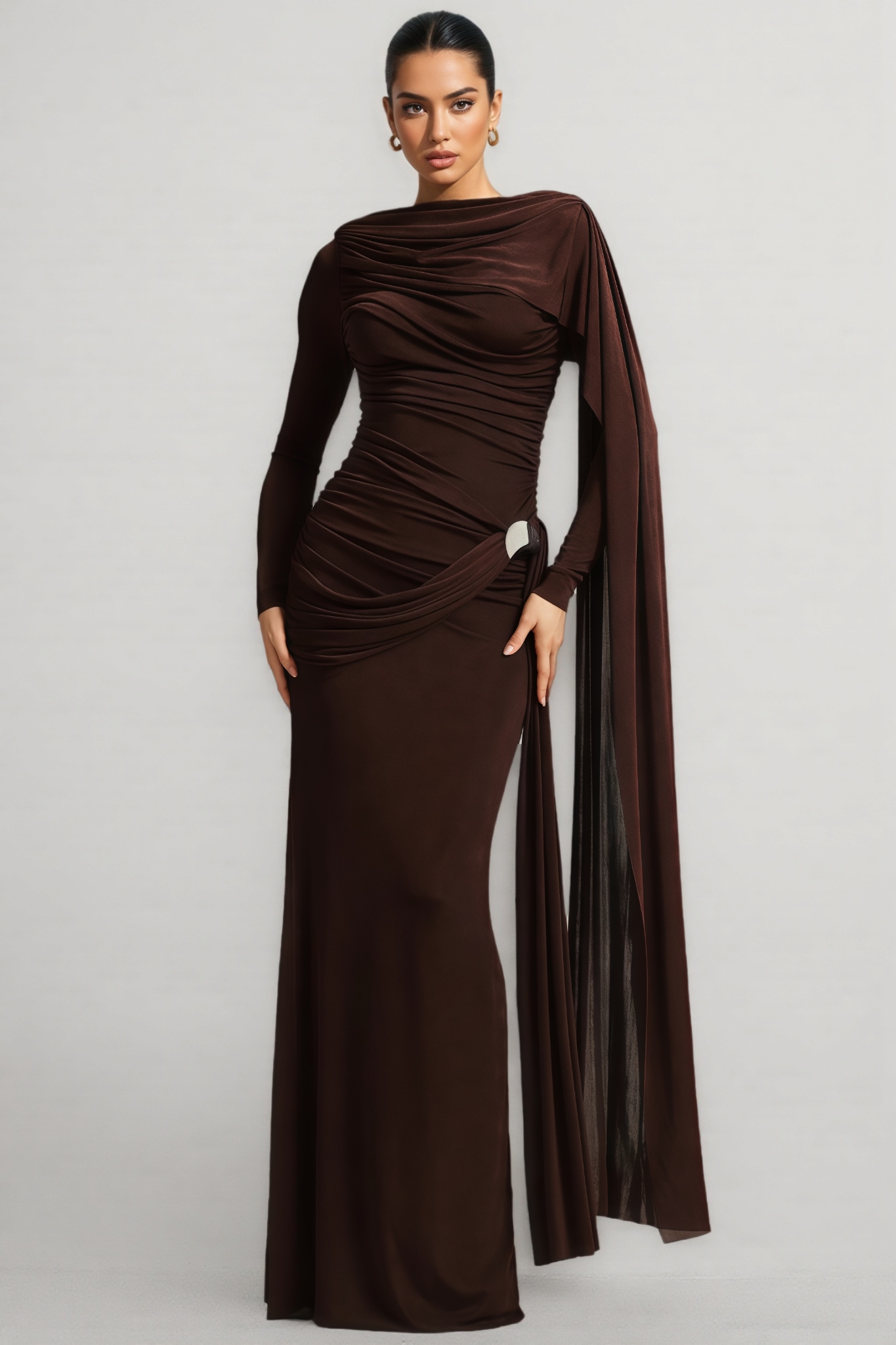 Liserre Long Sleeve Ruched Brown Maxi Dress