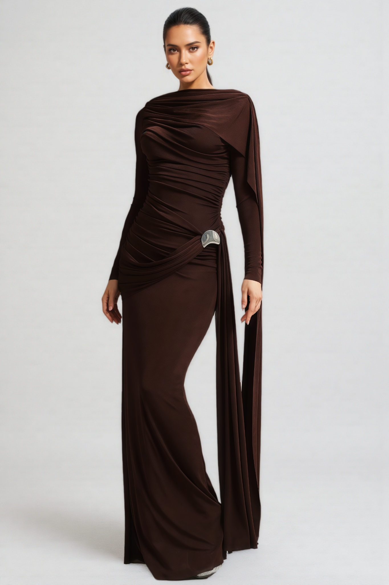 Liserre Long Sleeve Ruched Brown Maxi Dress